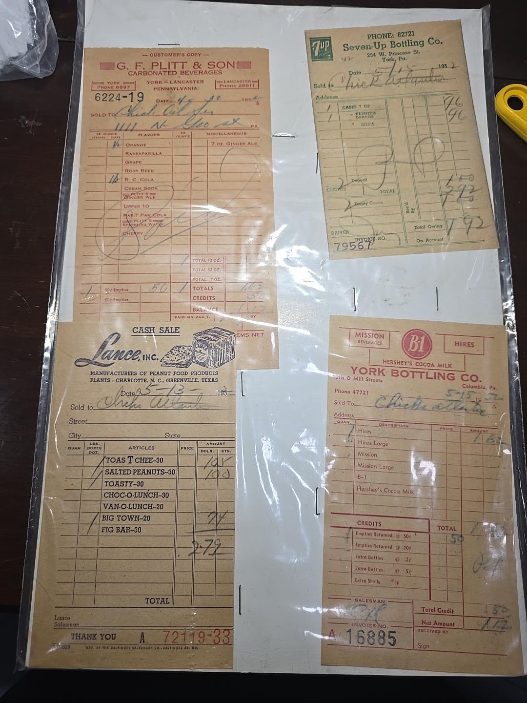 Vintage 1950s York PA Soda Receipts 7UP Hires G.F. Plitt York Bottling Lance