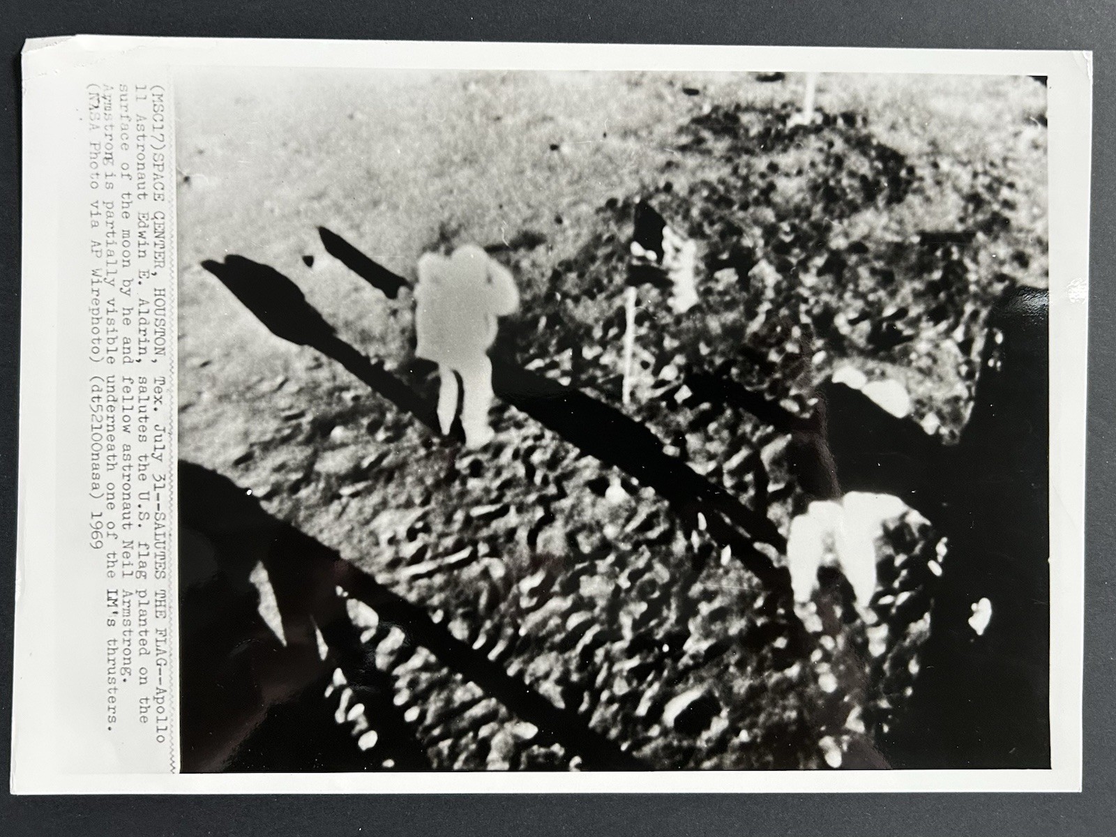 1969 NASA AP Wire Photo Apollo 11 Edwin Buzz Aldrin Salutes US Flag Press Photo