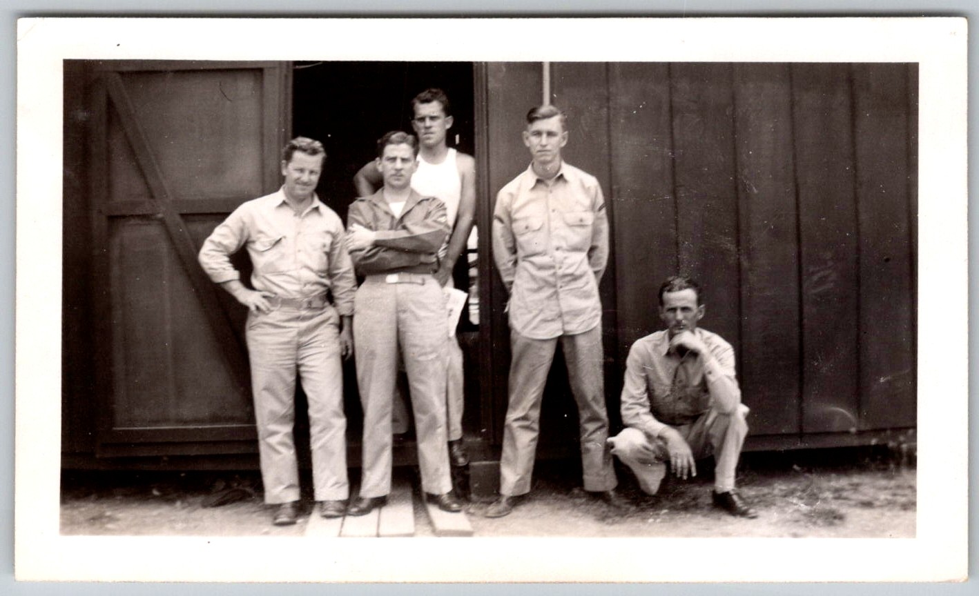 Vtg B&W Snapshot Group Five Men Workwear Military Barracks Wooden Building 1940s