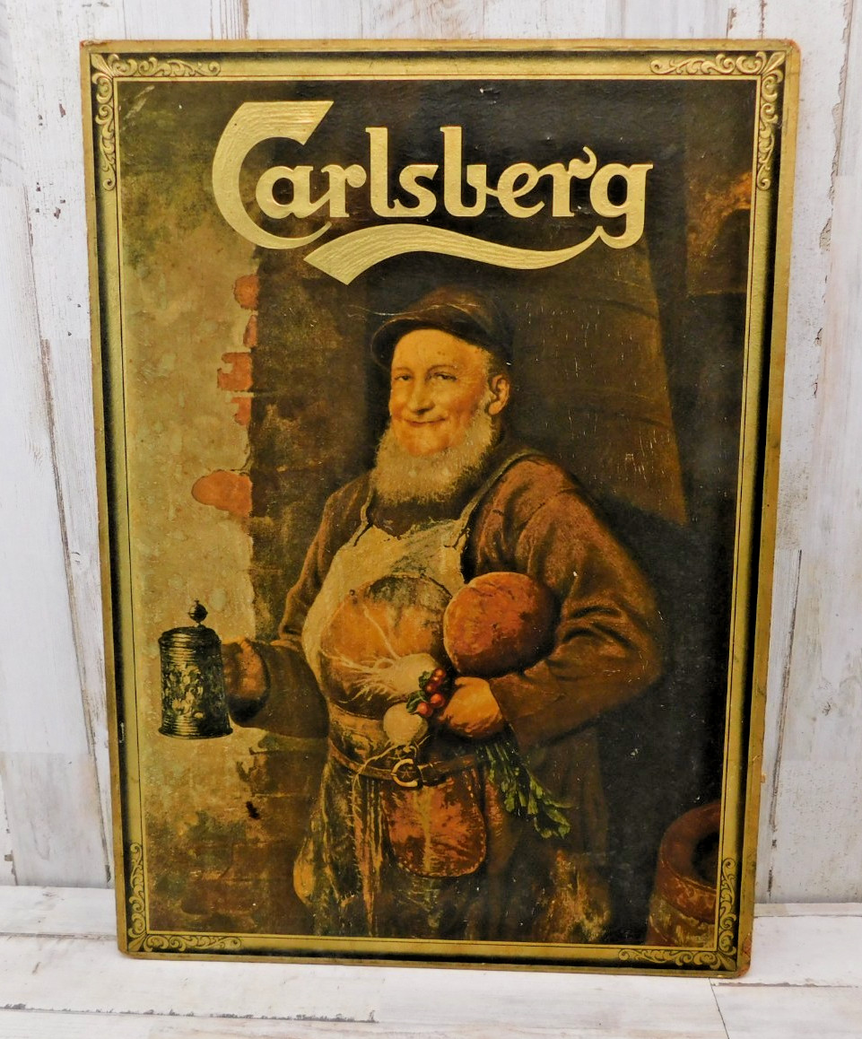 Vtg Carlsberg Lager Advertisement Sign On Composite Board Advertising Beer 13X18