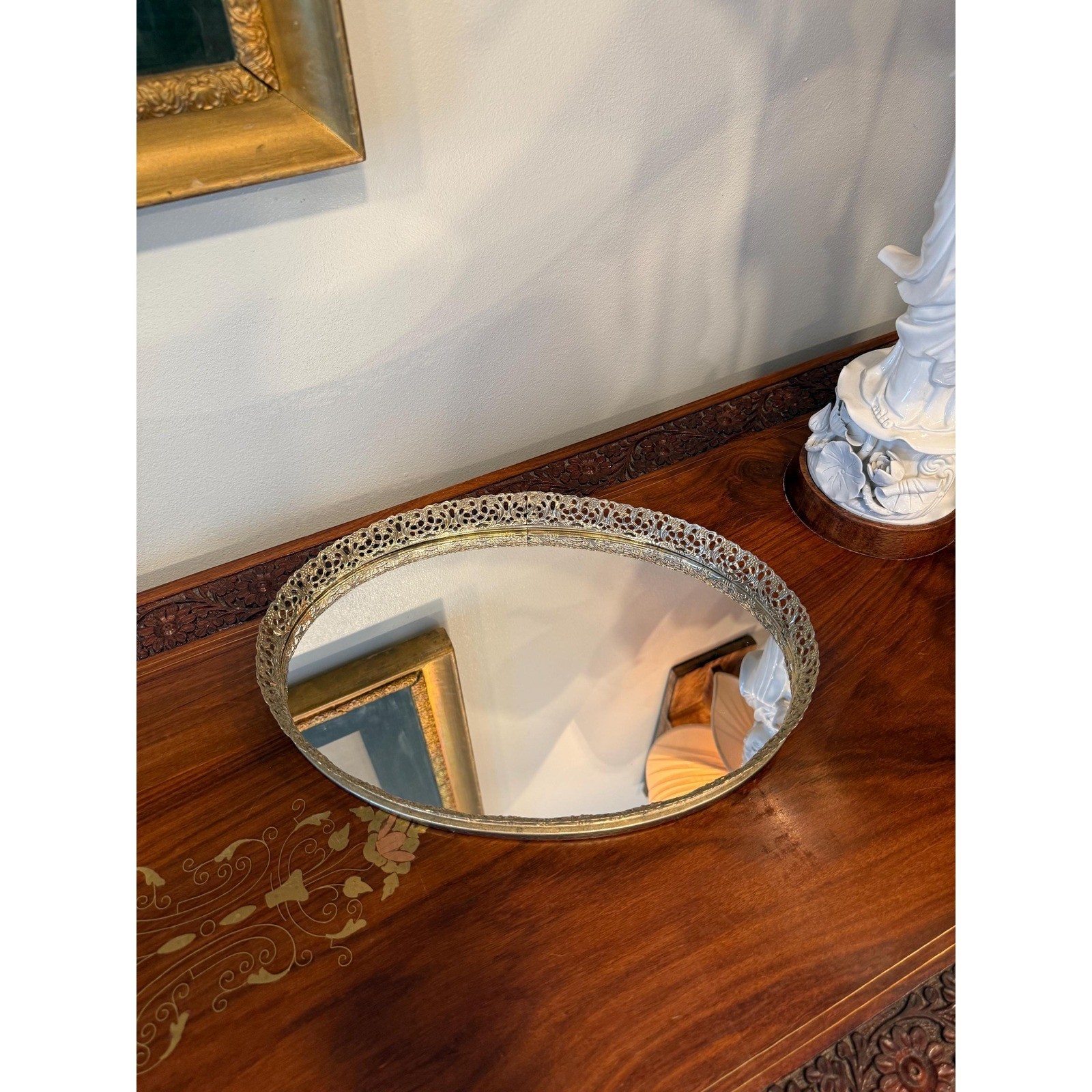 Vintage Oval Mirrored Vanity Tray with Brass Tone Filigree Gallery Rim