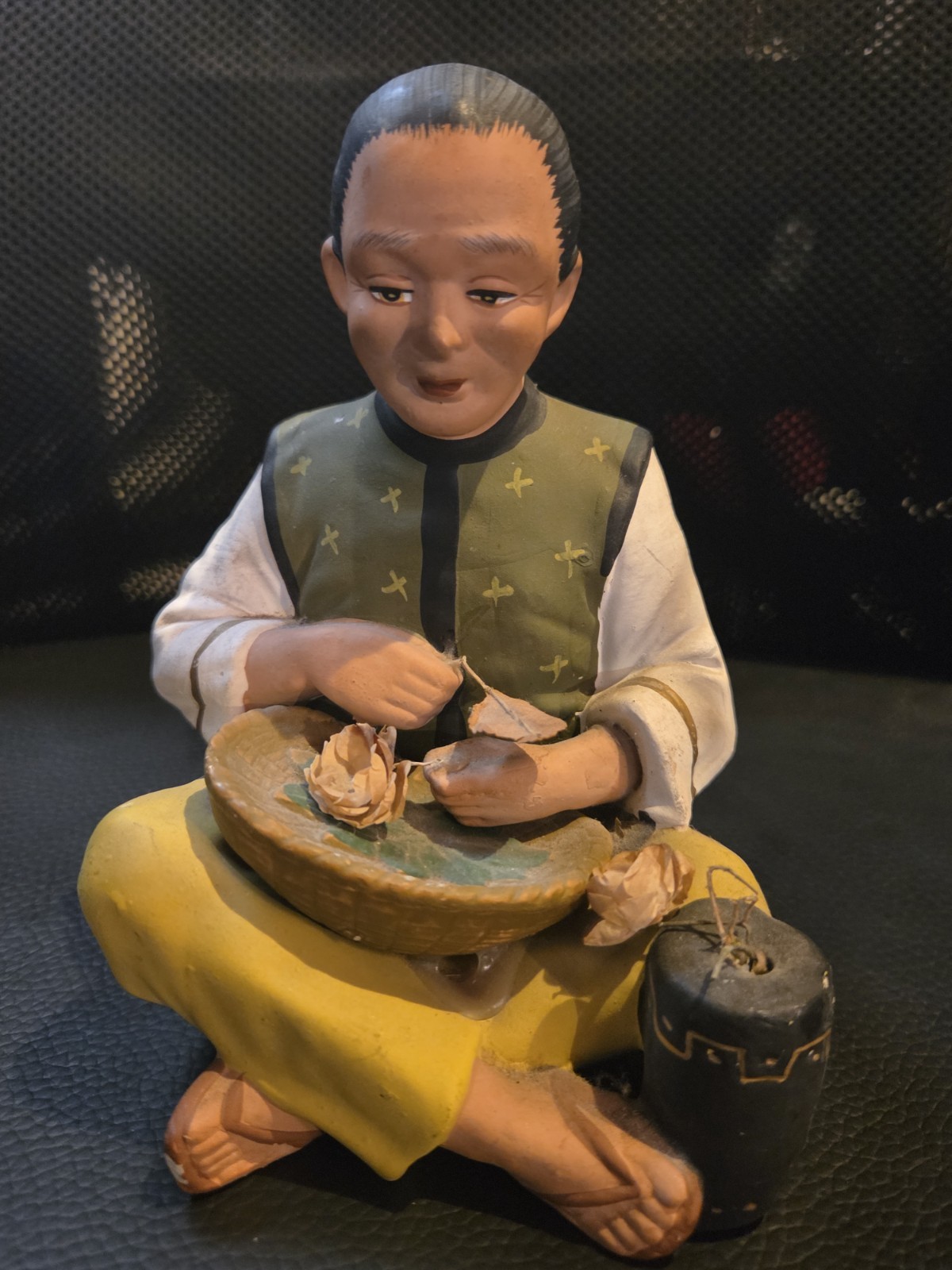 Antique Japanese Hakata Figure Clay Artisan Flower Basket 1950 Art Ceramic