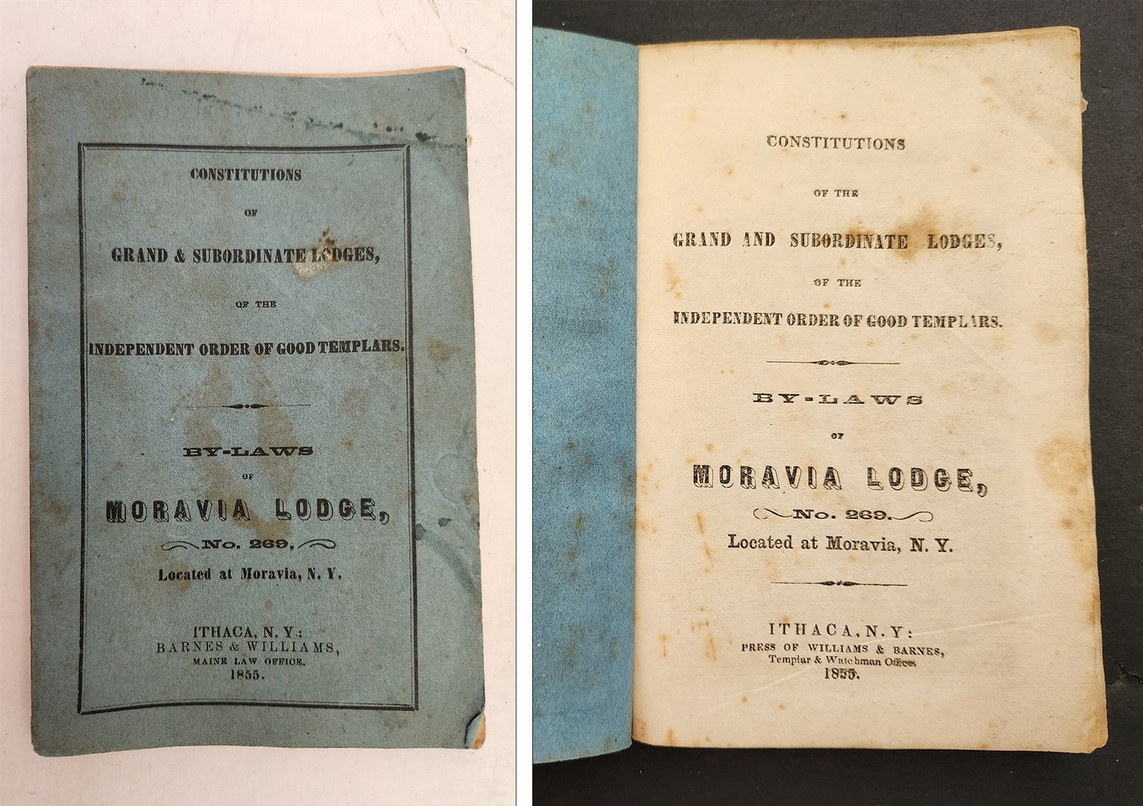 1855 antique GOOD TEMPLARS MORAVIA LODGE no.269 moravia ny TEMPERANCE by-laws