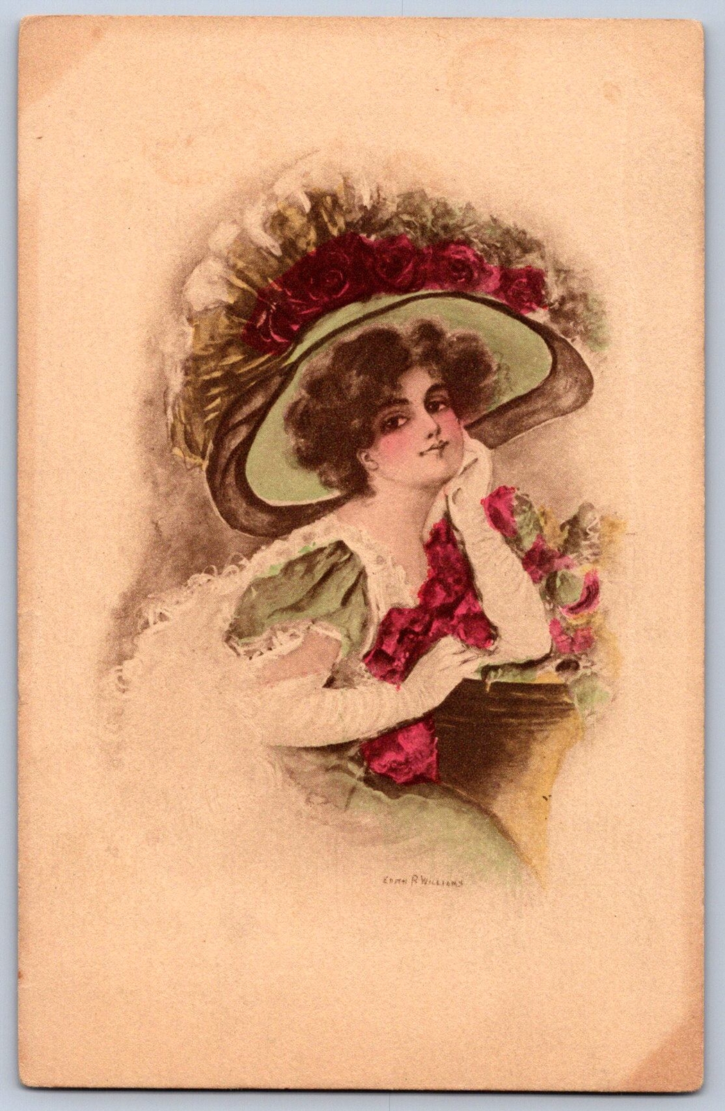K17/ Artist Signed Postcard c1910 Woman Large Hat Flowers 242