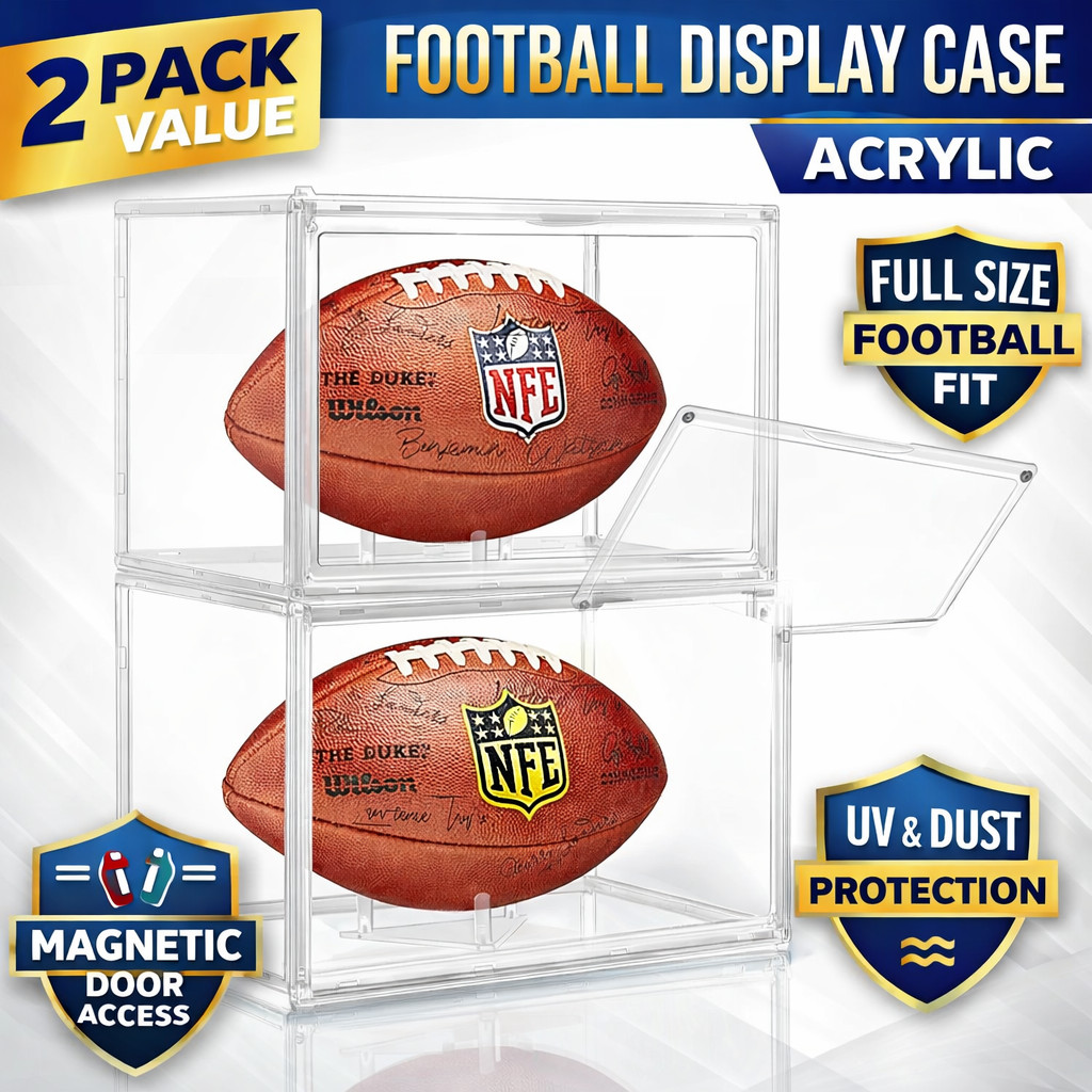 2 Pack Football Display Case Acrylic Magnetic Door UV Dust Full Size Holder NEW