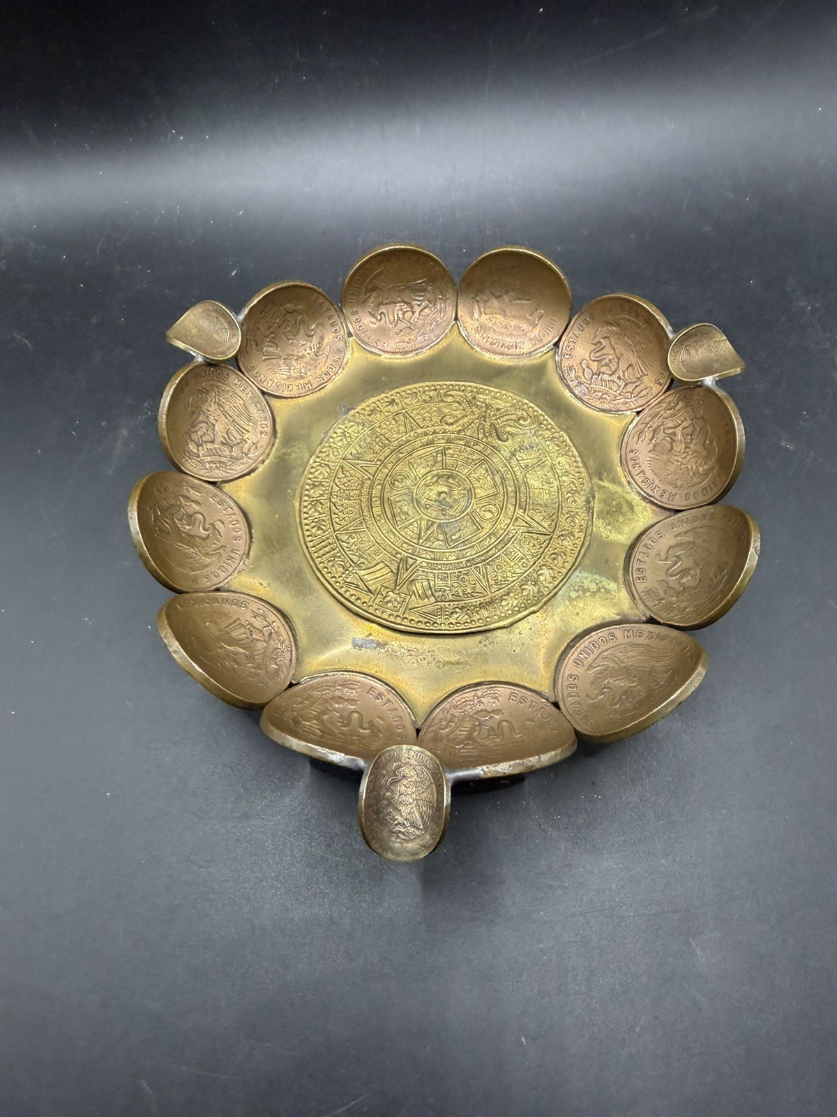 Vintage Mexican Aztec Calendar Sun Stone Coin Ashtray Centavos Handmade Brass