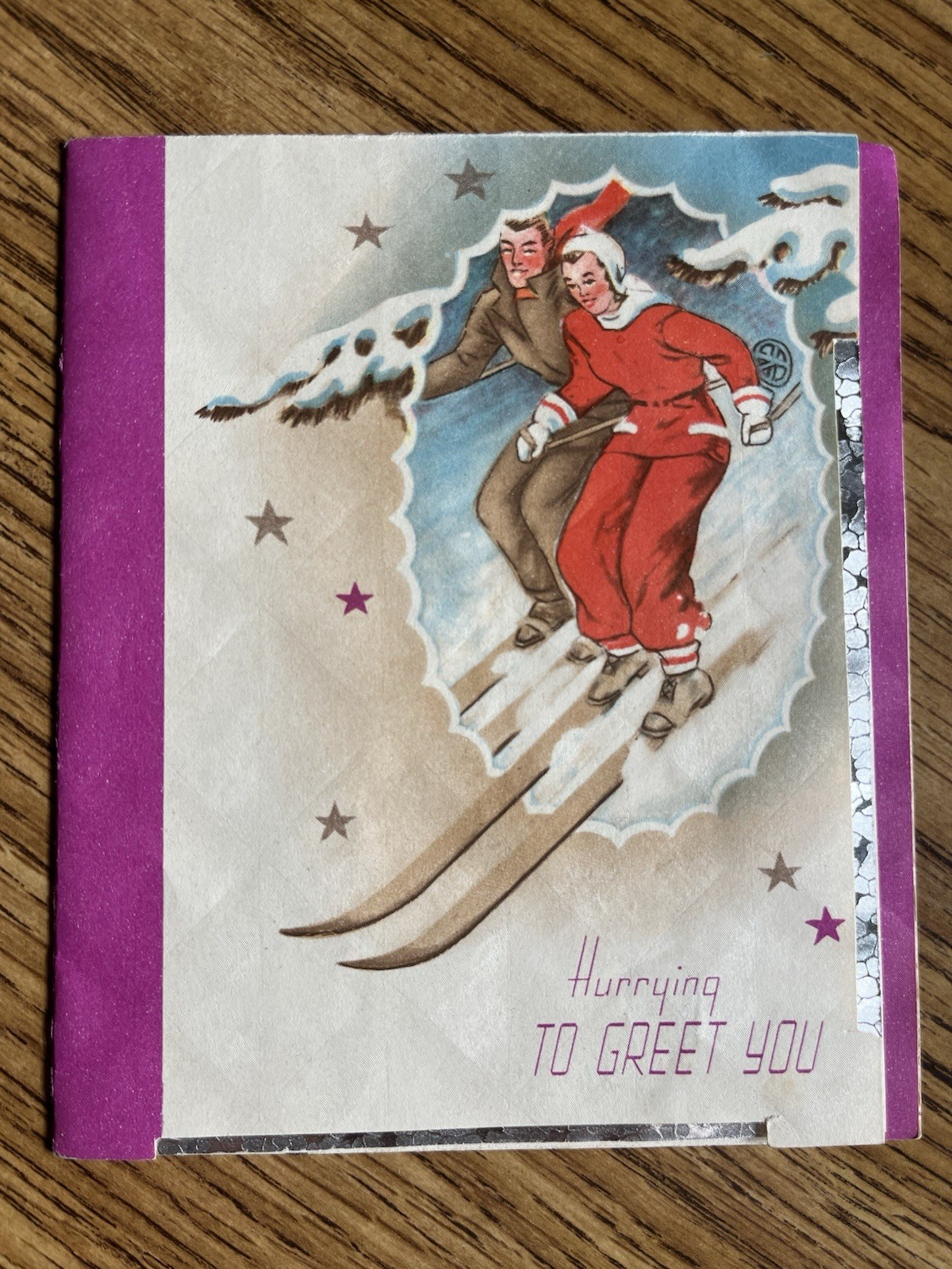Vintage 1924-30s Ski Christmas Greeting Card Man & Woman Skiing Made in USA Used