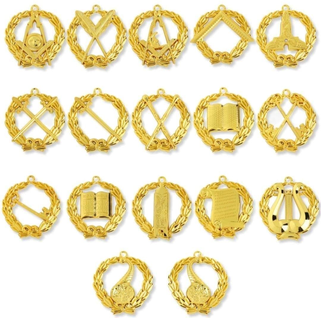 Masonic Officer Collar Jewel Set 17 Pcs Gold Plated Freemason Regalia