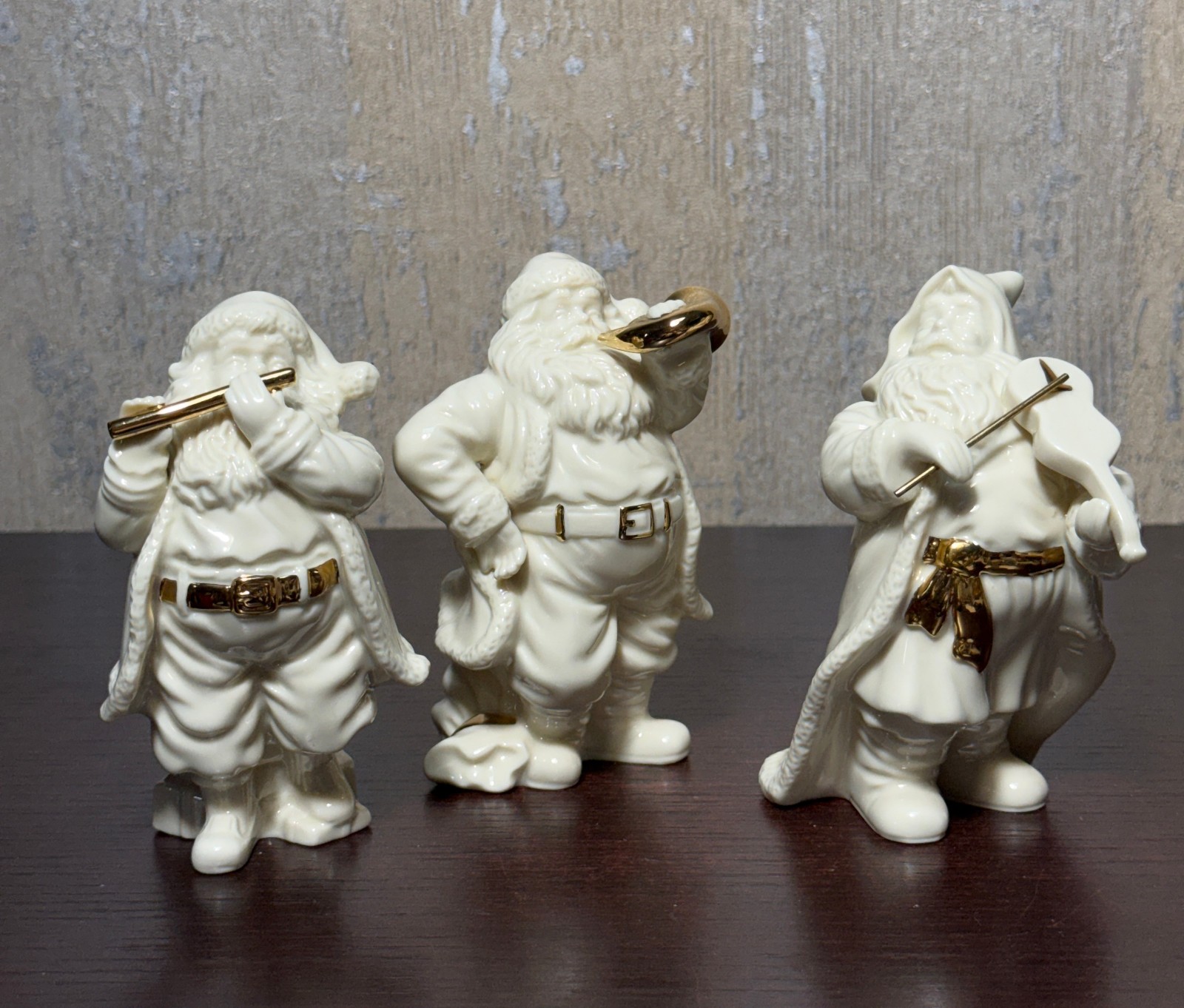 Vintage Lenox Ivory Porcelain Santa Figurines: Gold Flute & French Horn, Set of 