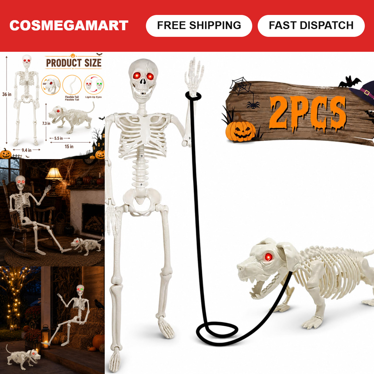 3FT Light Up Halloween Skeleton Decorations with Dog Skeleton - Spooky Yard Deco