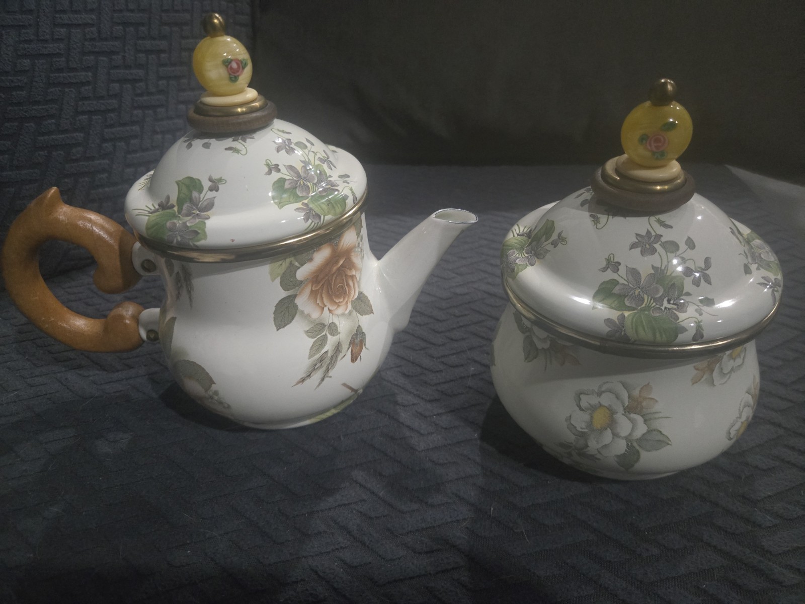  1995 Camp MacKenzie Childs Ltd White Floral Enamelware Teapot And Sugar Bowl