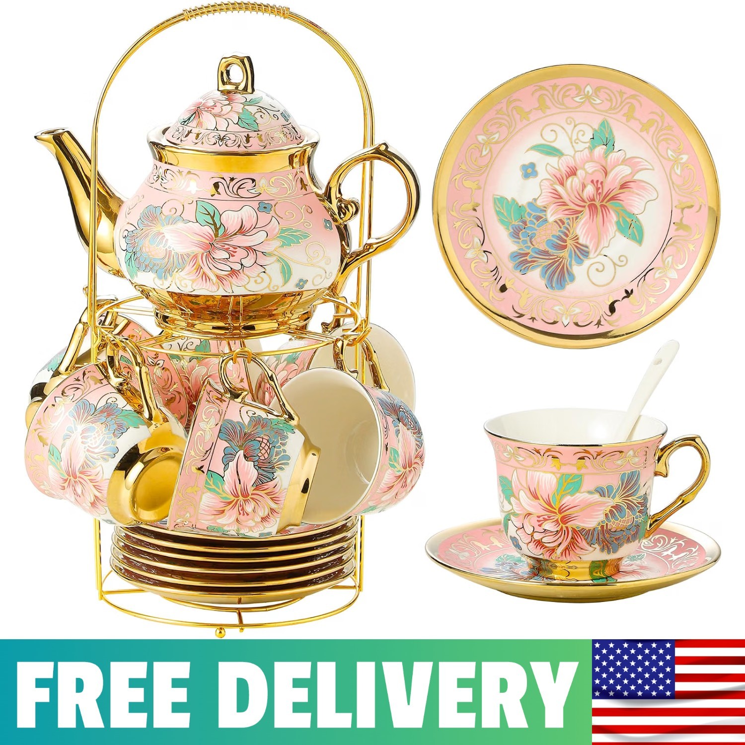 20 Pieces Porcelain Tea Set With Metal Holder, European Ceramic Tea Set For