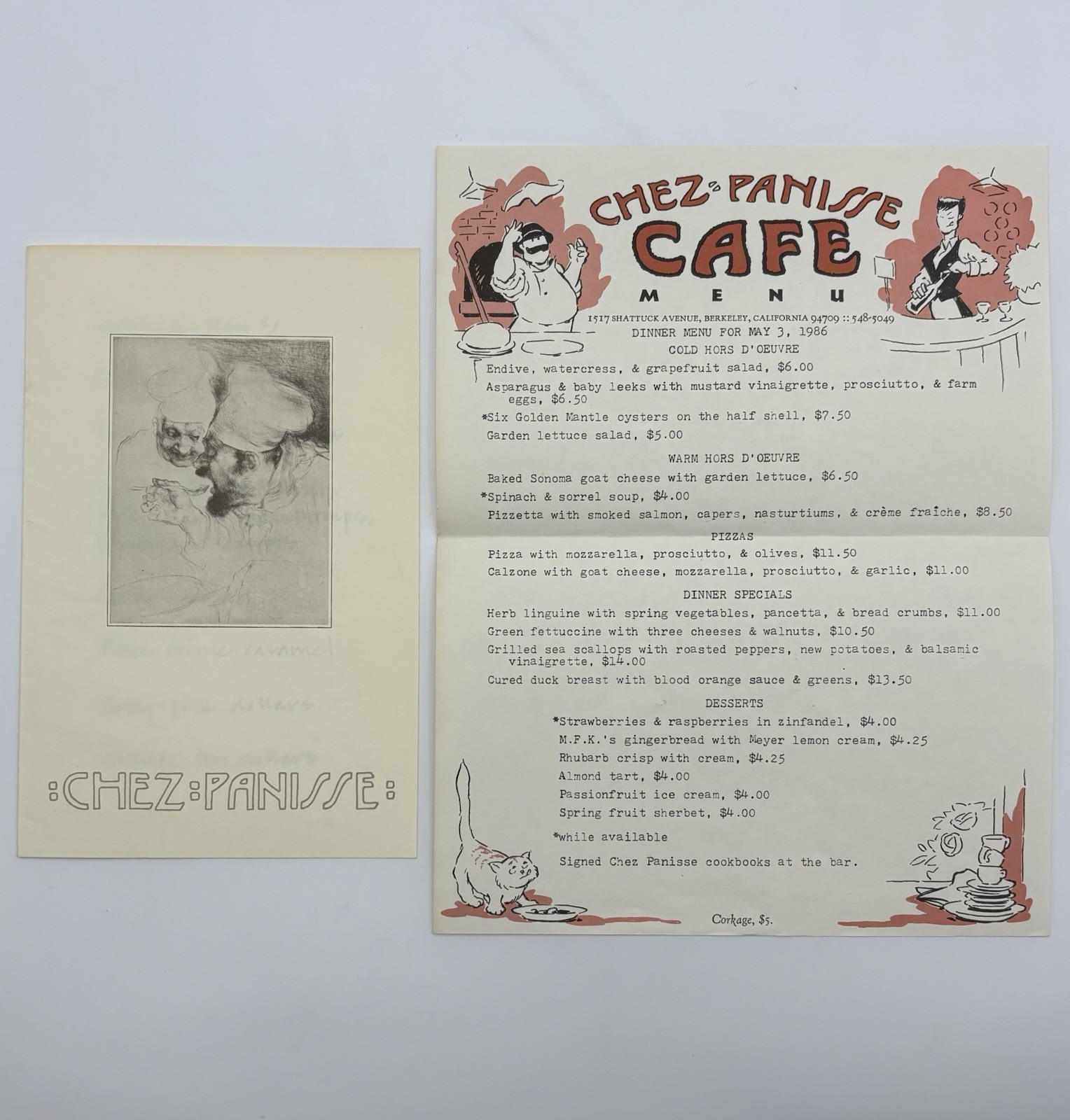 Original Chez Panisse Cafe Menu May 3, 1986 Vintage Berkeley California HTF 2pc