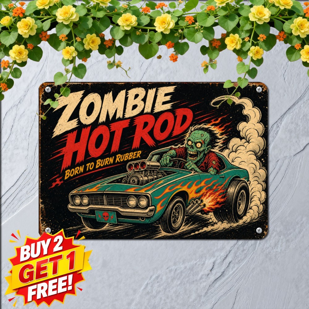Post Apocalypse Muscle Car Tin Sign Undead Wasteland Driver Plaque 8x12 In