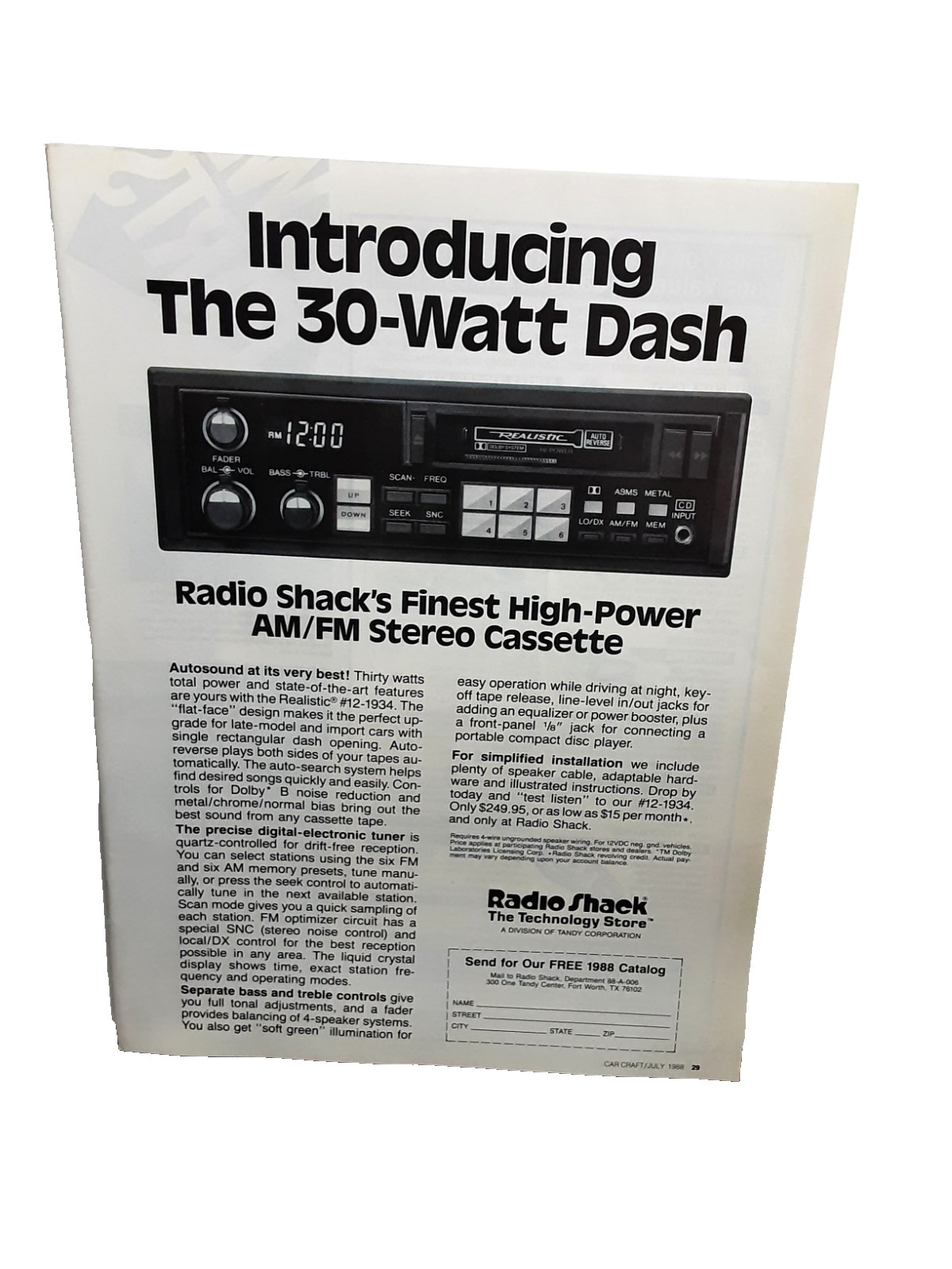 1988 Radio Shack Realistic Car Stereo Print Ad AM FM Cassette 30 Watt Dash