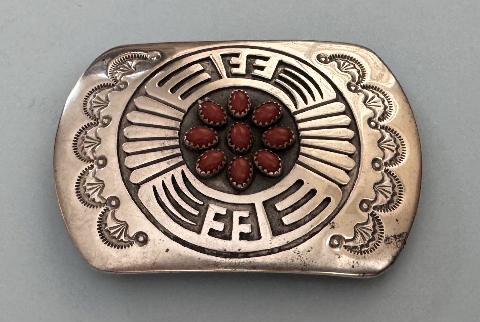 VTG Rare Red Coral Array Sterling Silver Native American Rosco Scott Belt Buckle