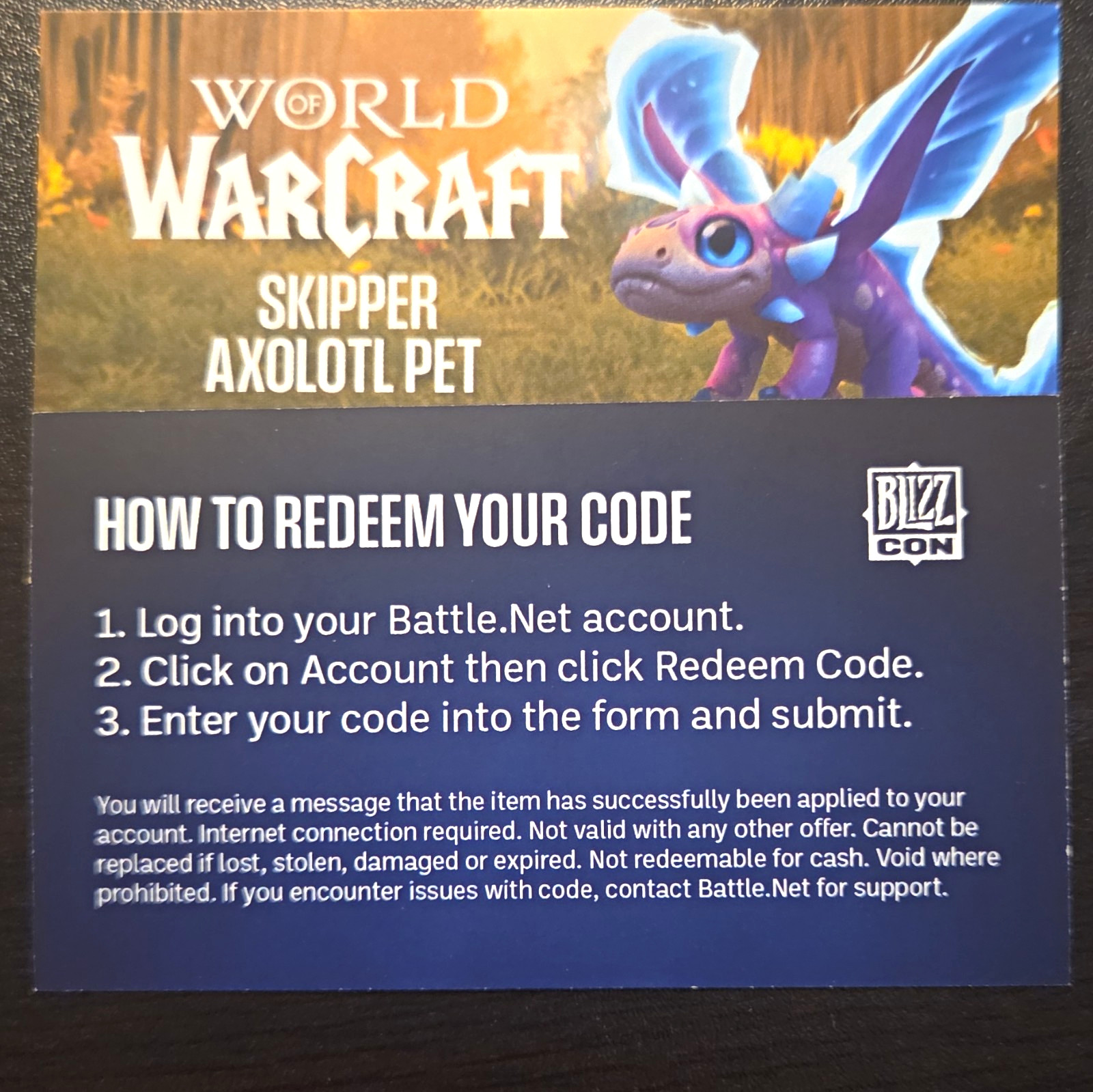 Blizzard World of Warcraft Skipper Axolotl Pet BlizzCon Digital Code Card