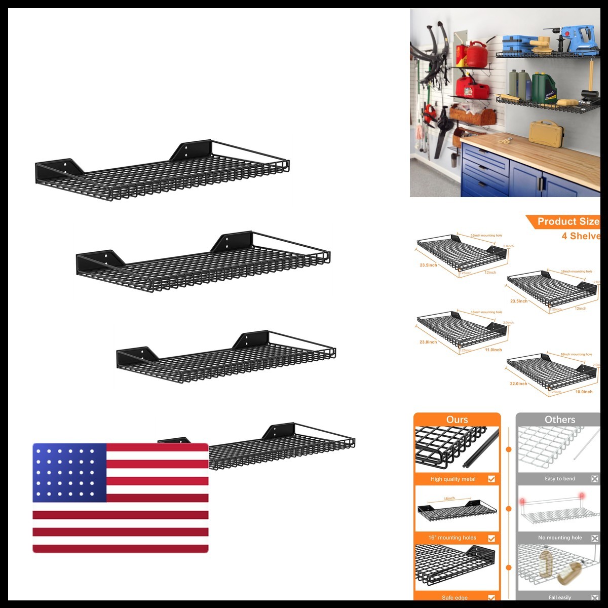 Walmann Garage Wall Shelf 4 Mixed-Size Wall-Mounted Storage Shelves Garage