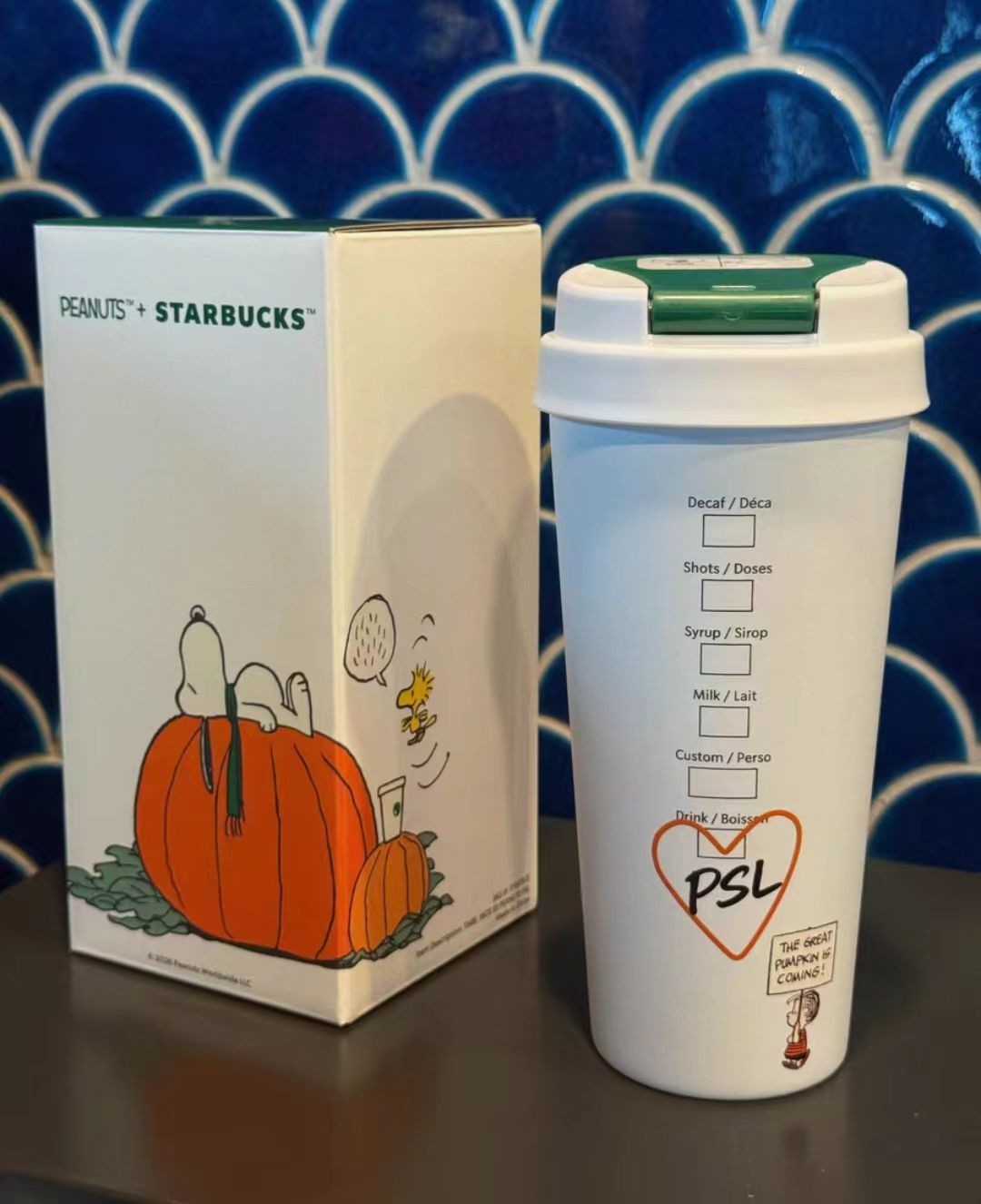 Starbucks Peanuts Snoopy Pumpkin Insulated Thermos Coffee Cup Mug 16 oz In Hand