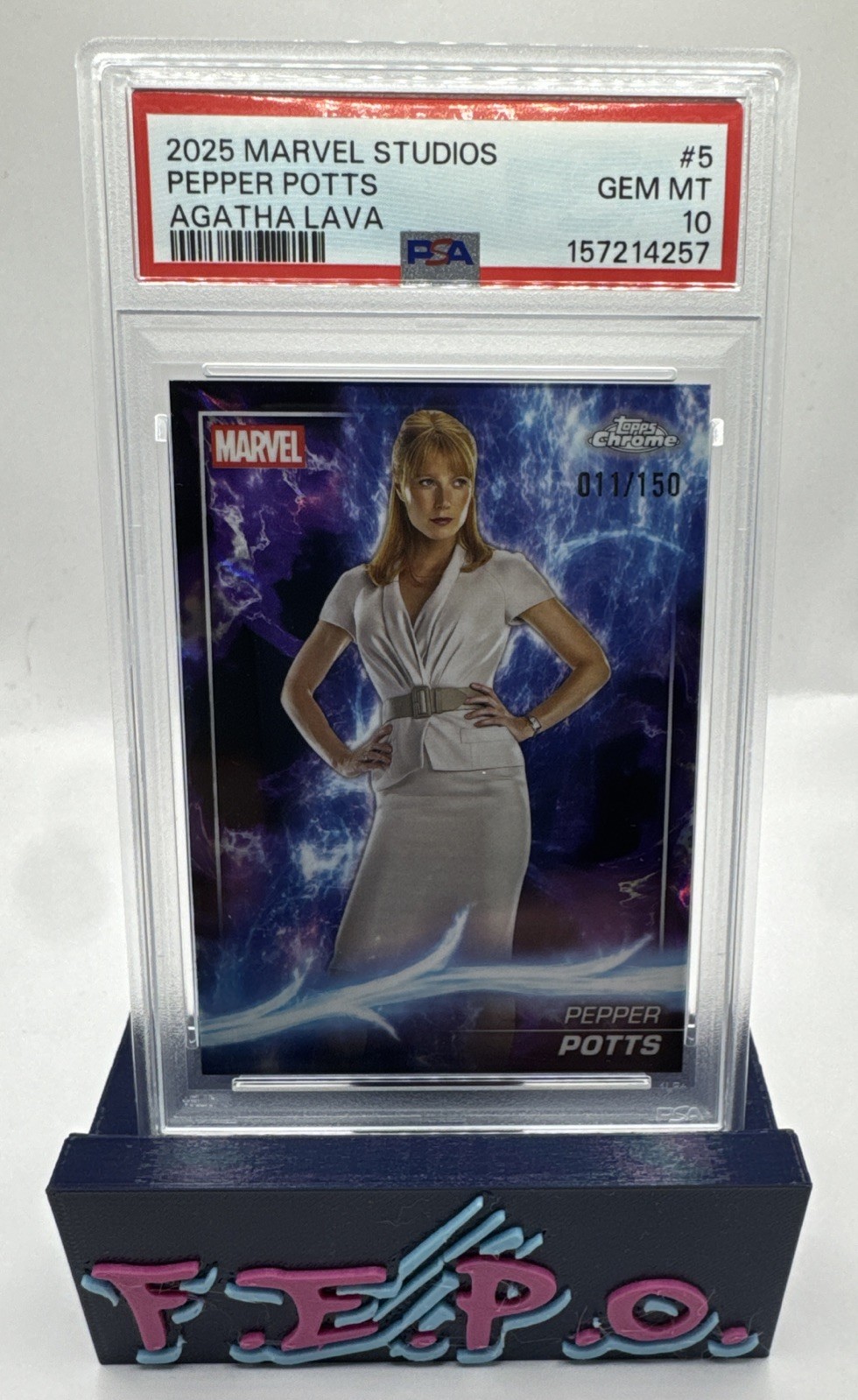 2025 Topps Chrome Marvel Studios Agatha Lava Iron Man Pepper Potts 11/150 PSA 10