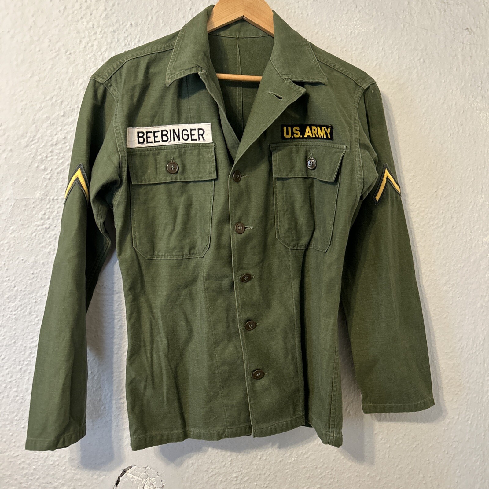 Vtg 1950s Korean War Named OG-107 Shirt Sz S Army Fatigue Green B