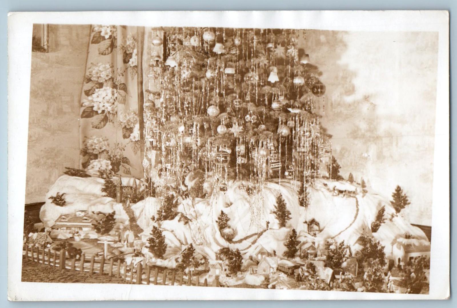 c1960's Christmas Tree Decorated Miniature Holiday Village Scene Snapshot Photo
