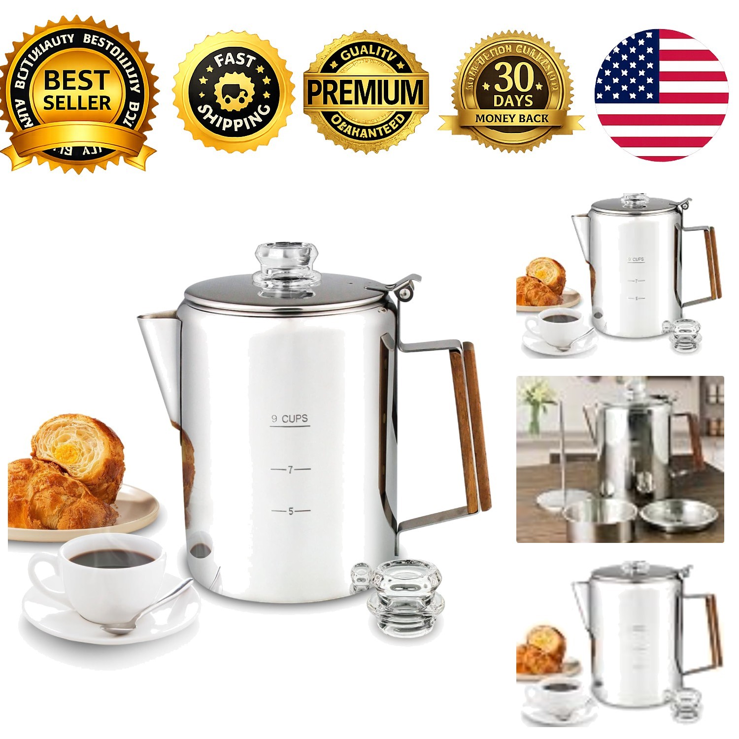 Stainless Steel Coffee Percolator 9 Cup Camping Coffee Pot Glass Knob Stove Top