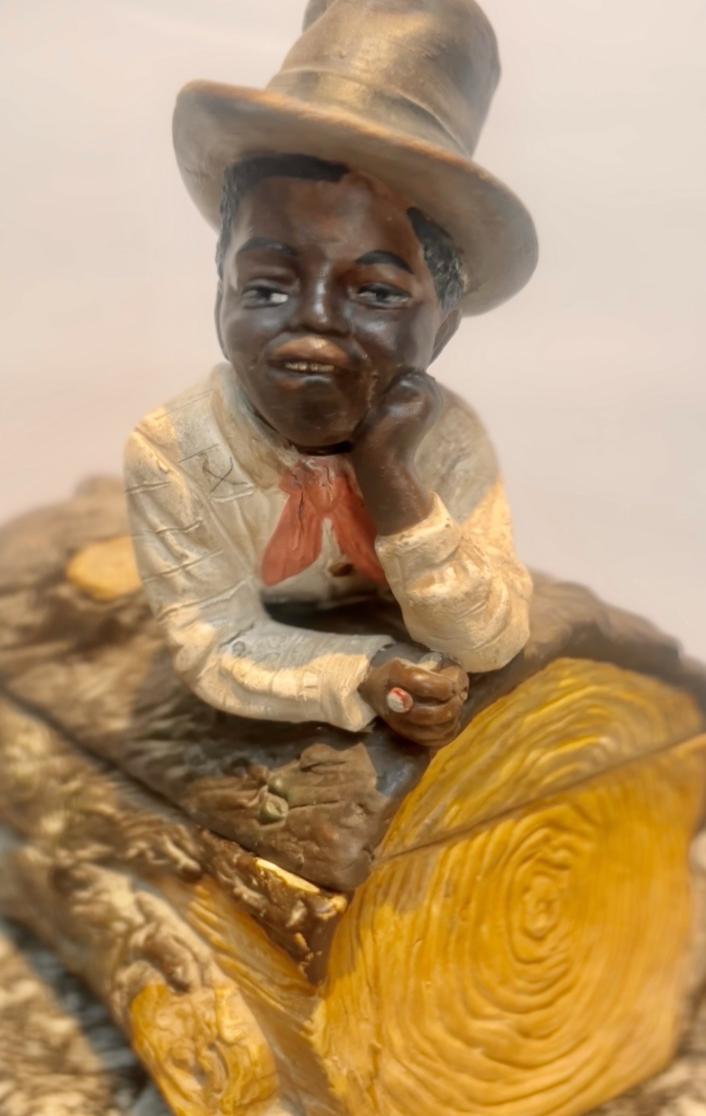 EARLY~RARE~WELL-DRESSED MAN~ON LOG~TOBACCO JAR~TERRA COTTA~JM~FIG.~MAGNIFICENT