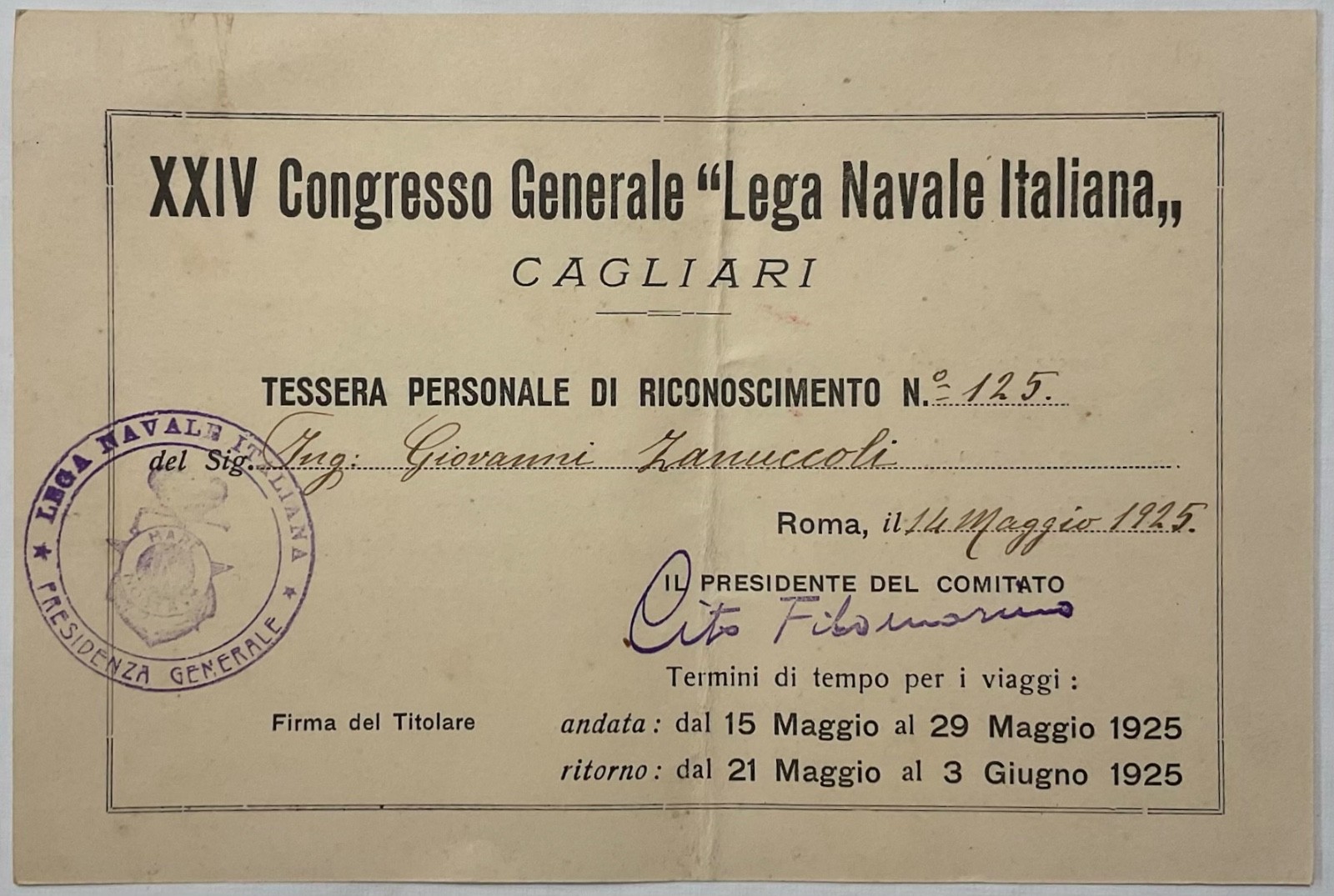 CAGLIARI ITALIAN NAVAL LEAGUE XXIV° GENERAL CONGRESS CARD A.III° 1925 KINGDOM