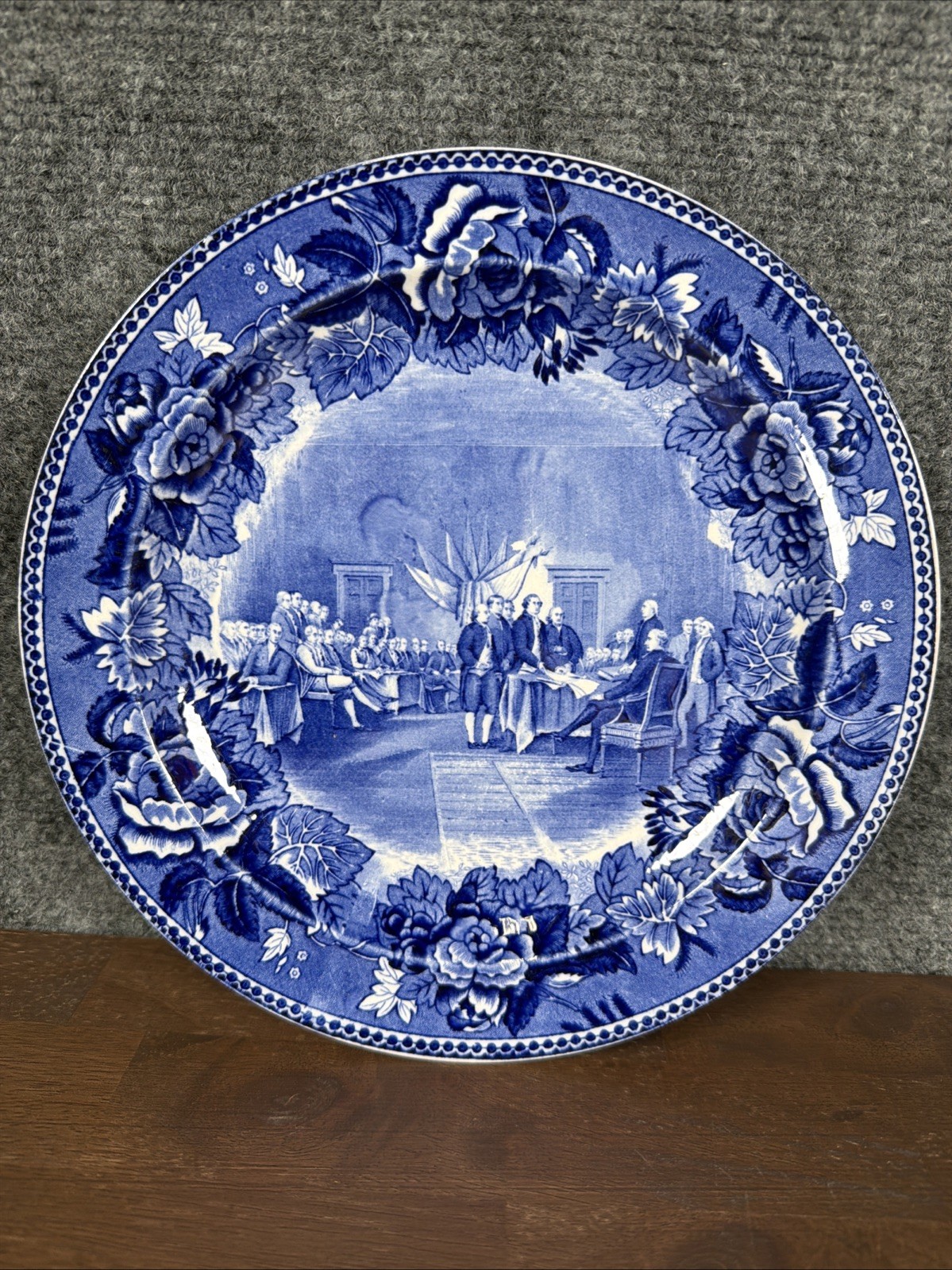 2 Antique Historical England WEDGWOOD Flow Blue Plates Declaration & Lincoln