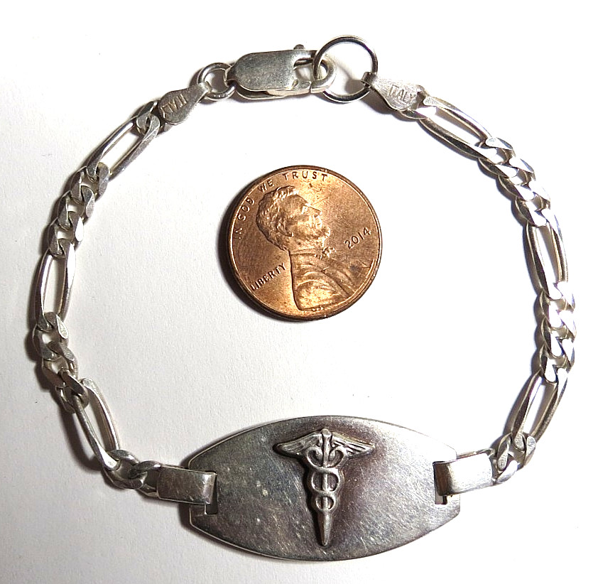 VTG 925 STERLING SILVER BACK ENGRAVED MEDICAL ALERT BRACELE CHAIN 7 1/2