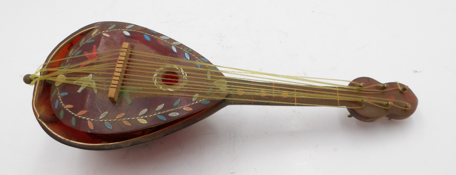 Vintage Ox Horn Mandolin Shaped Folk Art Decorative Miniature Lute Inlay