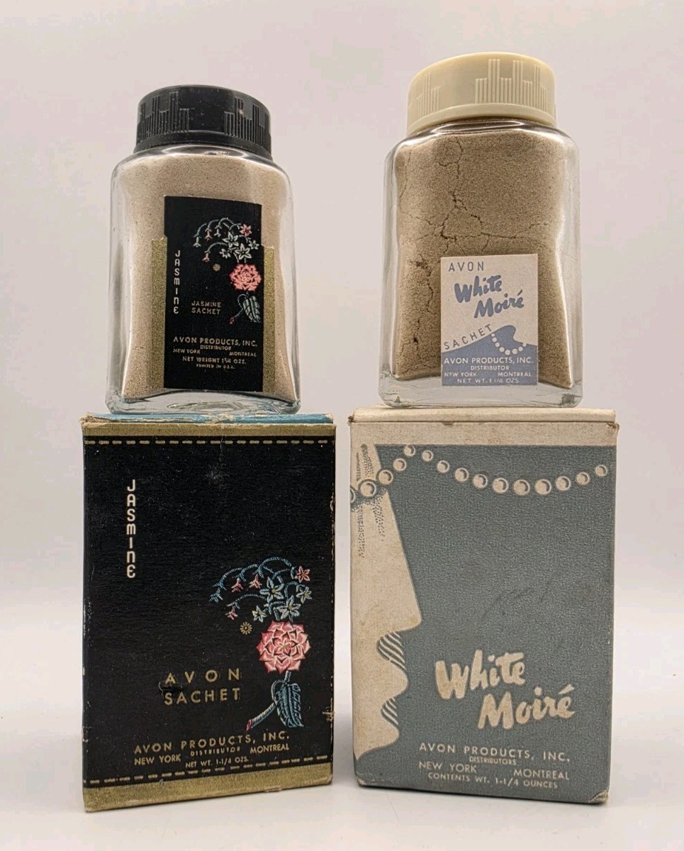 Vintage 1940's Avon Jasmine Sachet & White Moire Powder Bottles Decor Display US