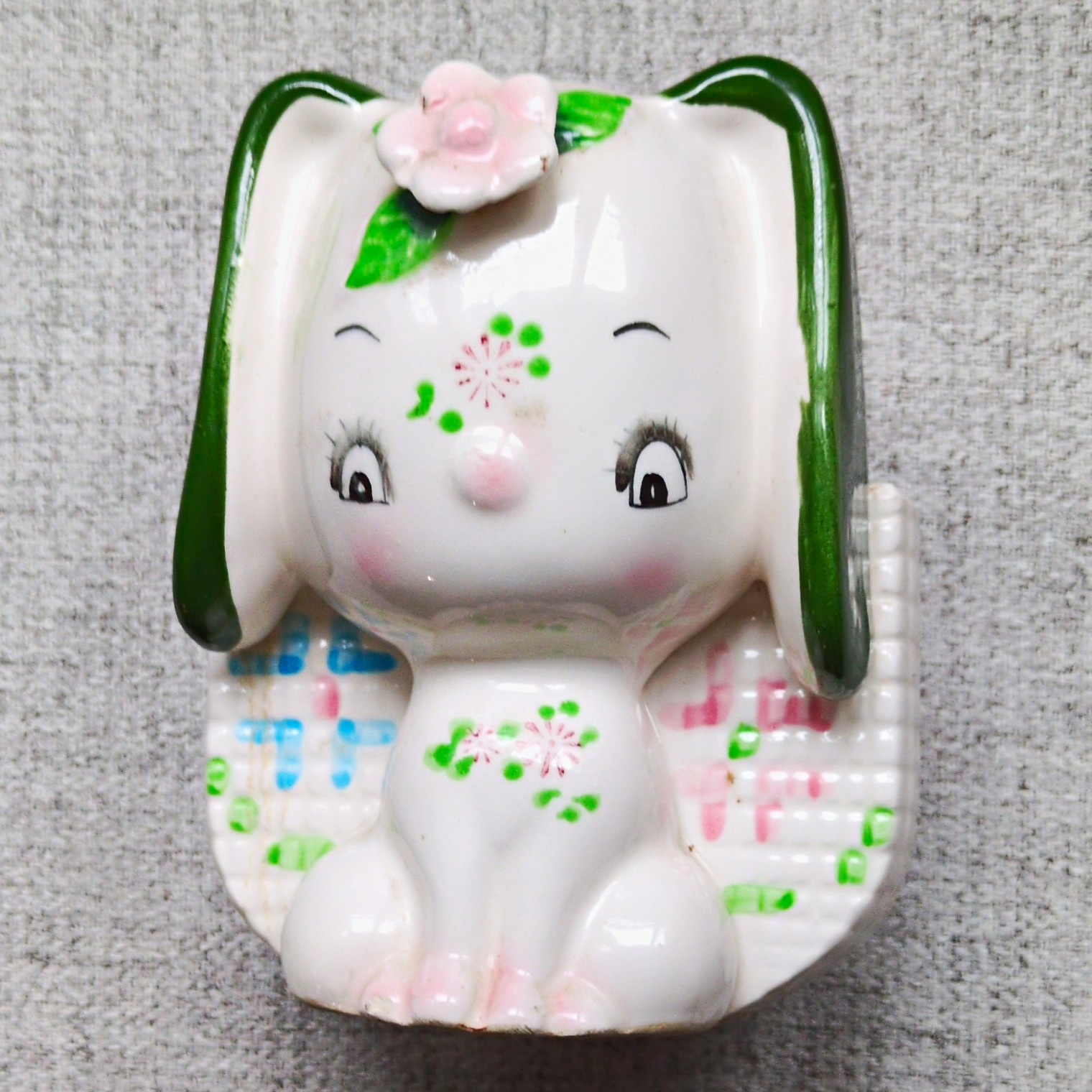 Vintage Made in Japan Ceramic Big eyed bunny planter Hand Painted Floral