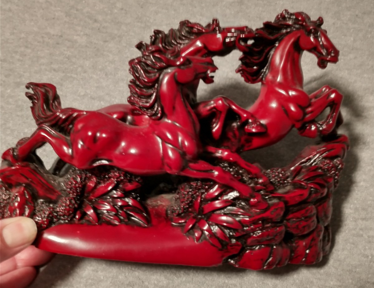 Vintage Chinese Three Running Horses Carved Red Cinnabar Statue Fire Horse