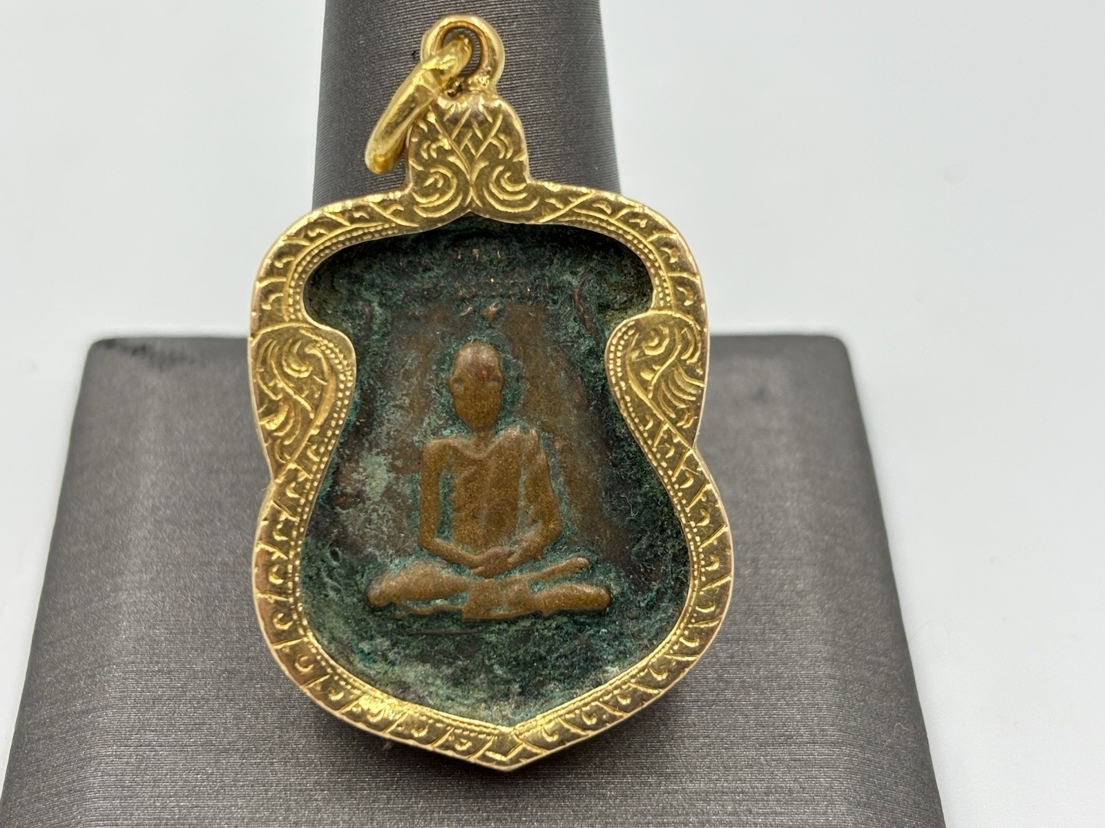 Antique 22K/24K Gold Bronze Copper Thai Buddha Amulet Pendant Phra Phuttha Charn