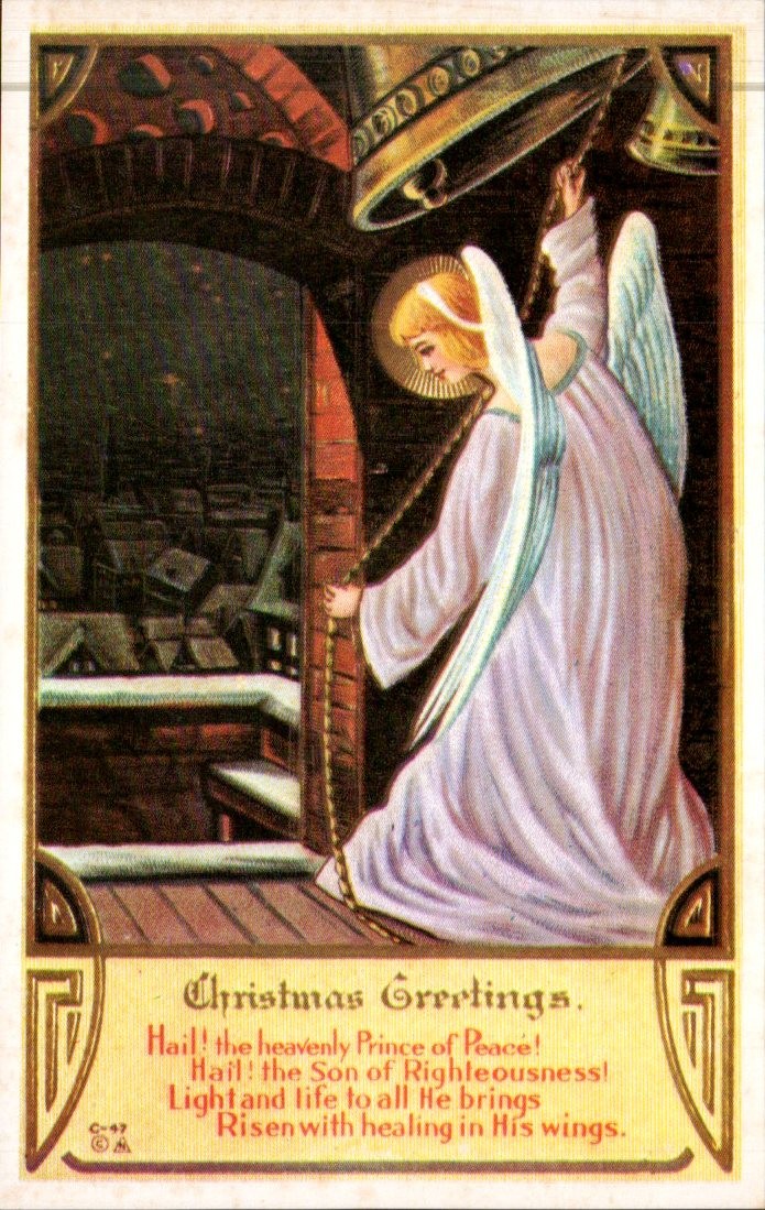 Christmas Greetings - Angel Ringing Bells in Belfry - Victorian Reproduction