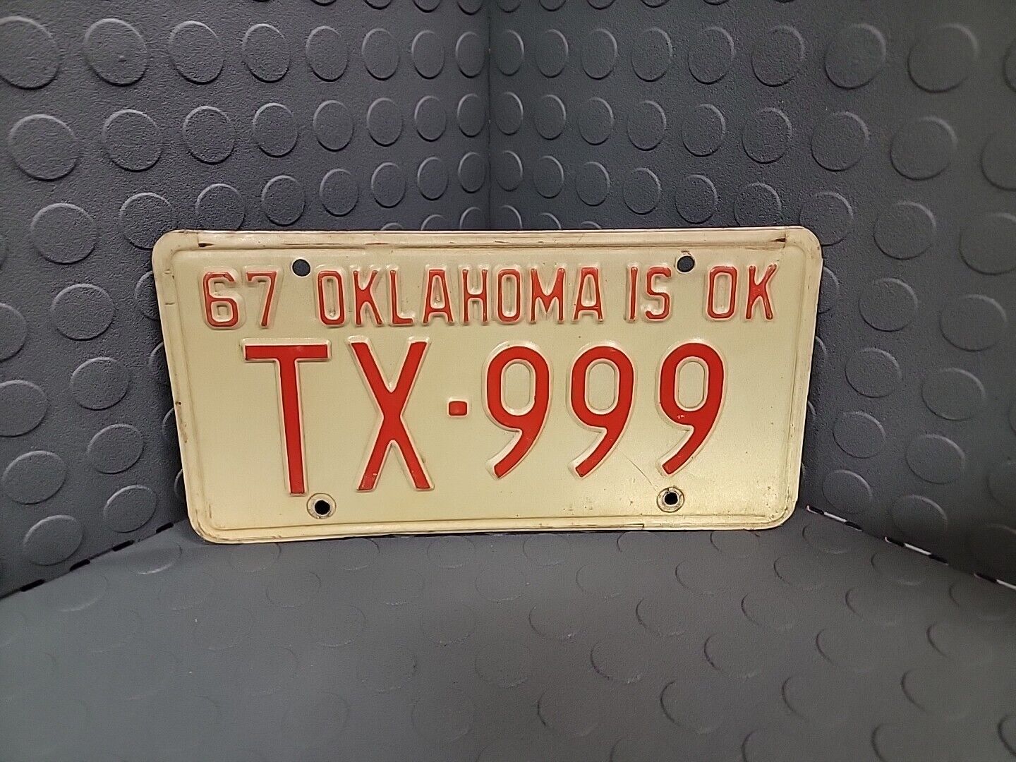 1967 OKLAHOMA IS OK LICENSE PLATE TX 999 CHEVY DODGE FORD VINTAGE 67 68 69 66 65