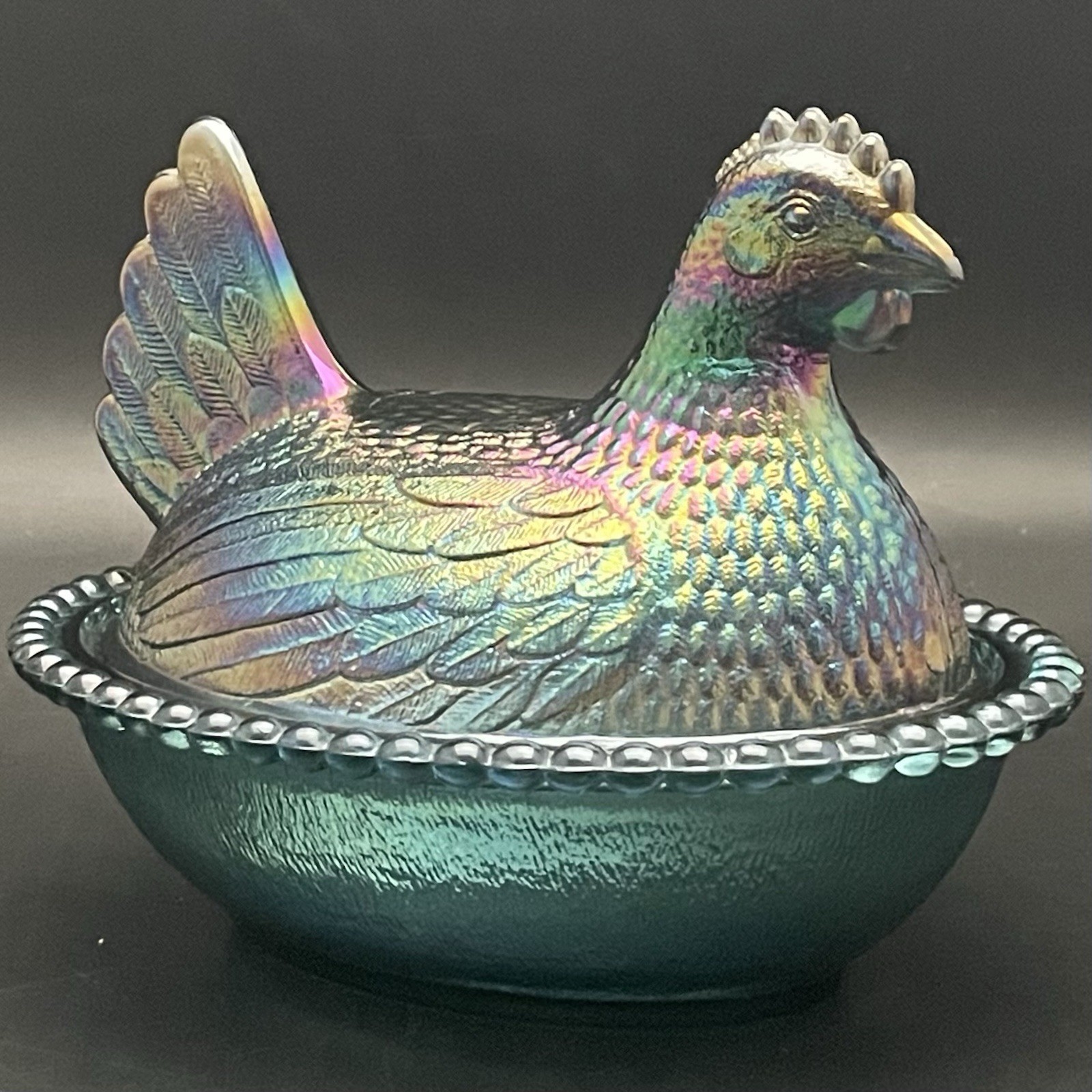 Indiana Iridescent Blue Carnival Glass Hen on Nest Candy Box c1970s USA 5.5”t