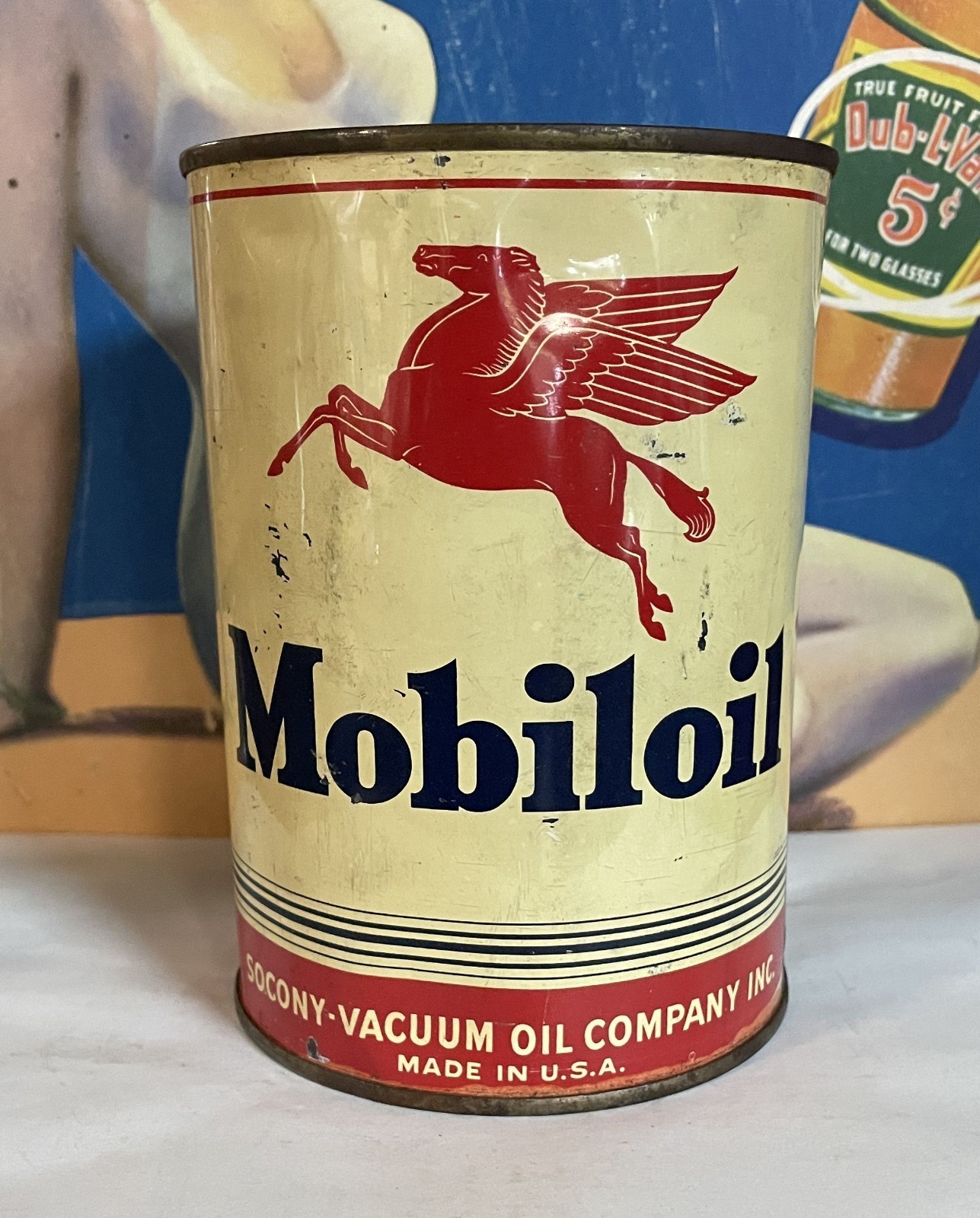 MobilOil Motor Oil Can Full Quart Gas Service Station Tin Litho Socony Vacuum