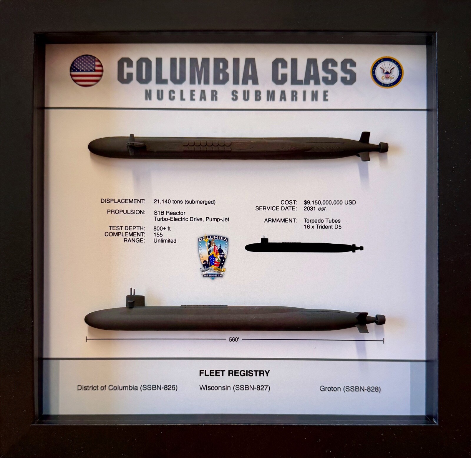 Columbia Class Submarine Shadow Display Box, 9