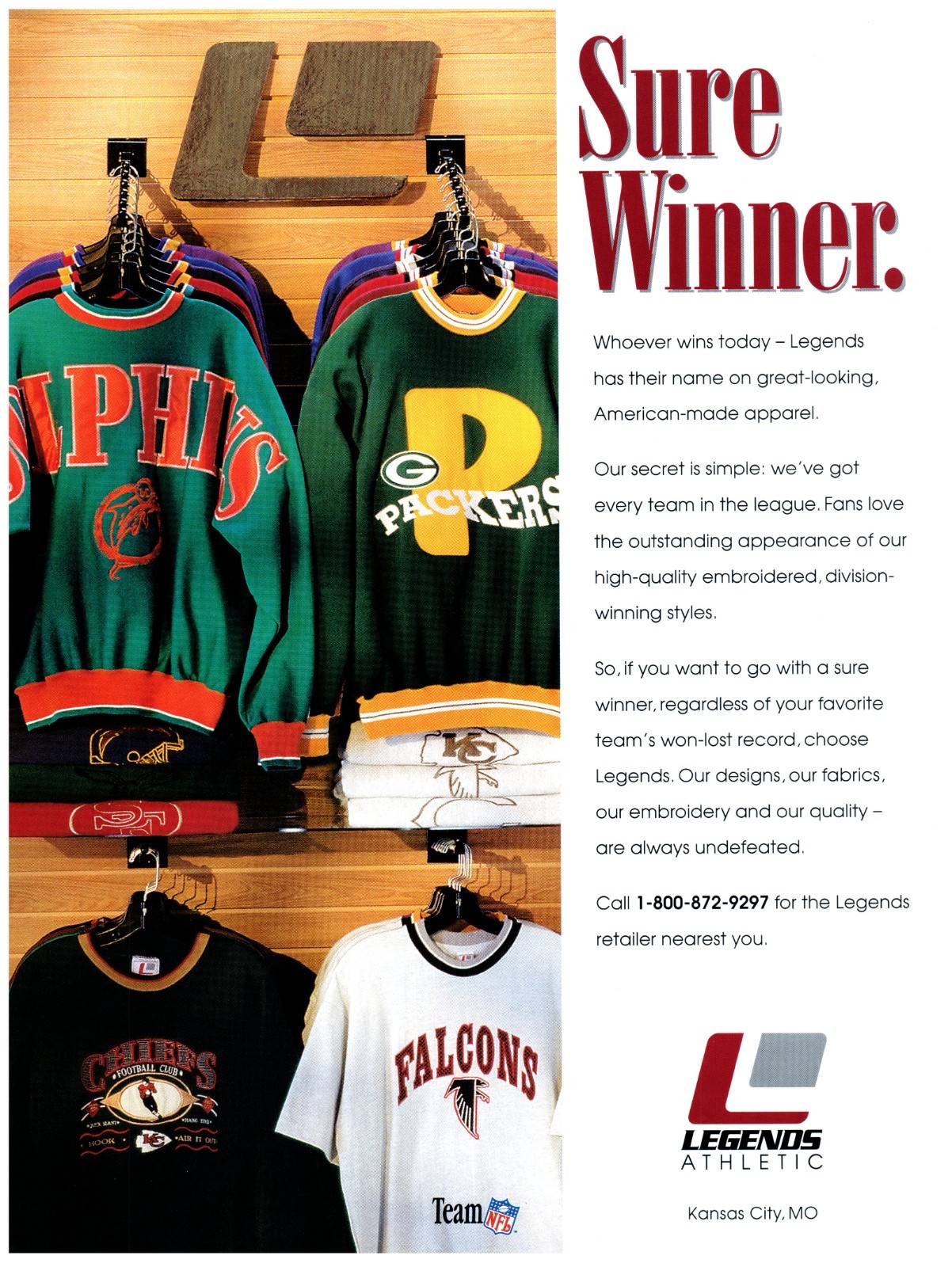 1995 PRINT AD, Legends Athletic Sure Winner 90\'s NFL Sweatshirts Kansas City Ad