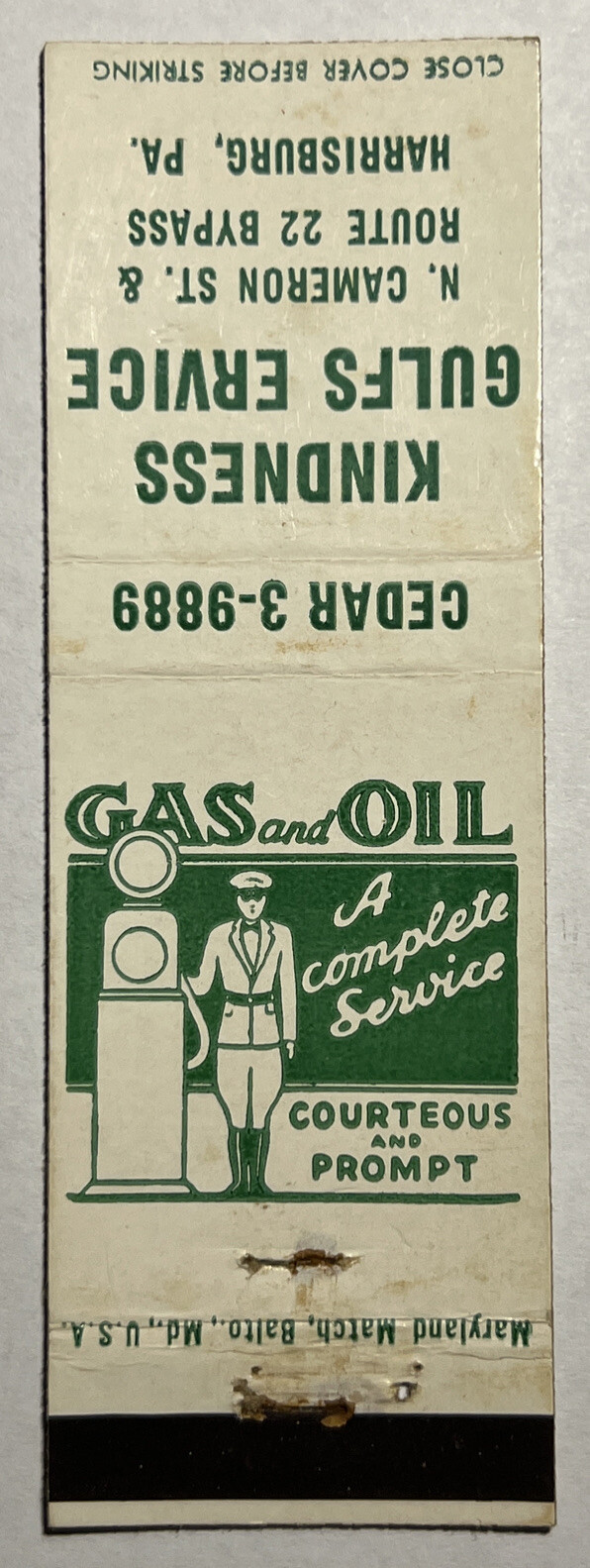Vintage Gulf Gas & Oil Matchbook Cover Kindness Service Harrisburg, Pennsylvania
