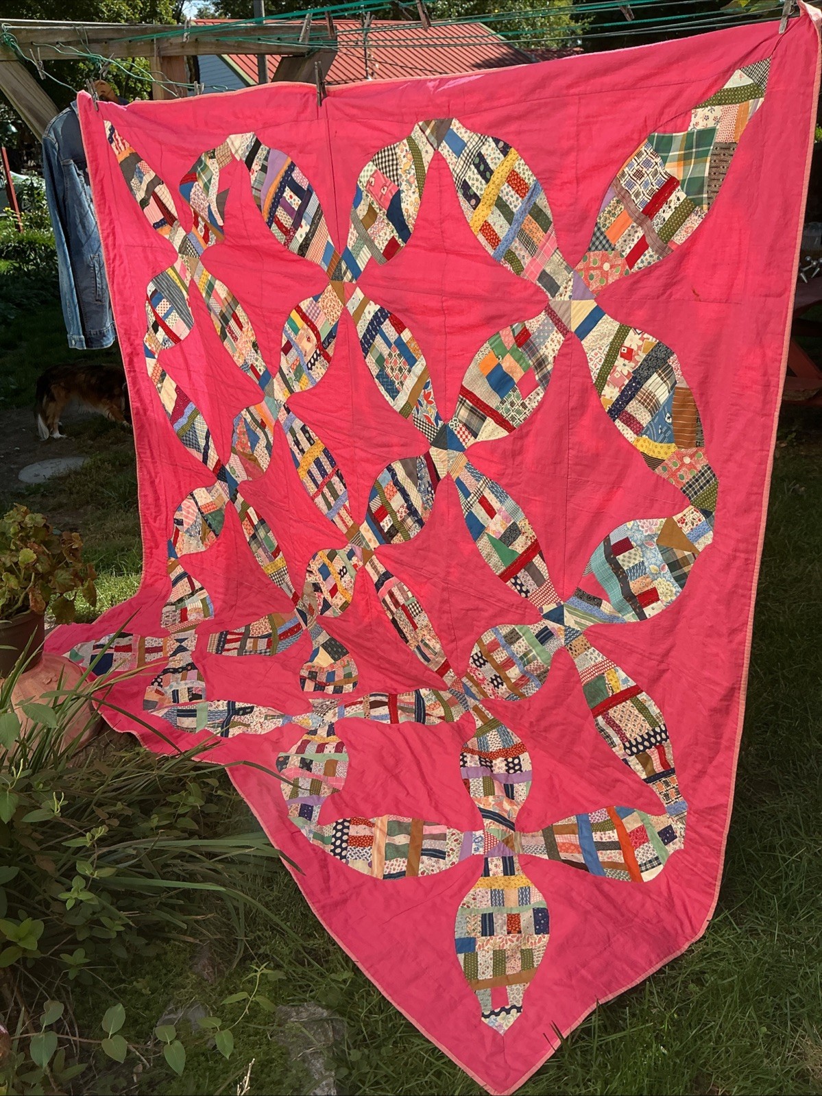 Vintage Handmade STAR Variation Quilt Pink Tied  Patchwork 80”x84”1950s 60s