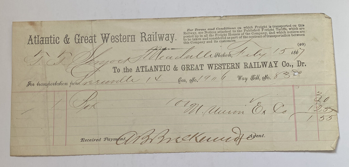 Antique 1867 & Great Western Railway Shipping Way Bill Invoice receipt