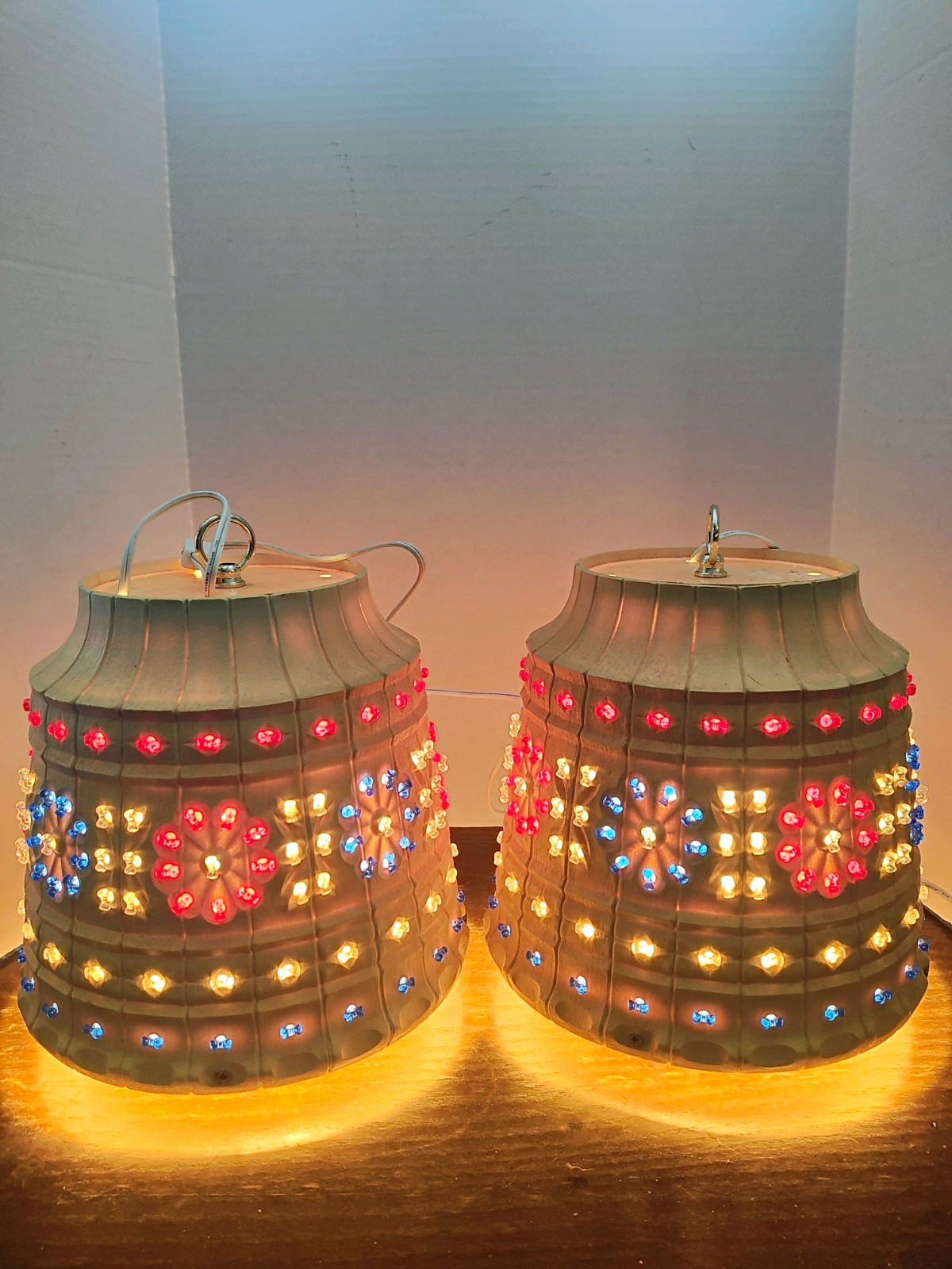 Pair of VTG 70s Lawnware Floral Accent Lamps  Corded Round Shade Multicolor