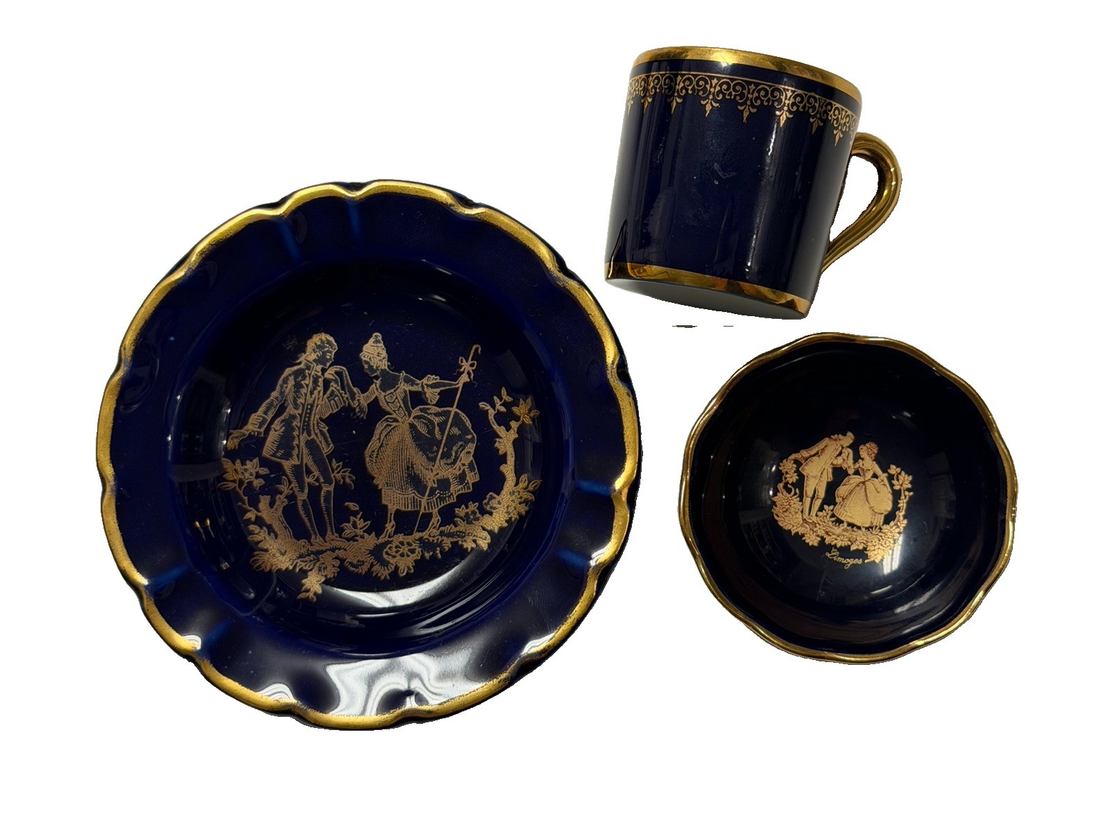Vtg Limoges Cobalt Gold Courting Couple Mini Lot Giraud Fontanille Unique 3pc