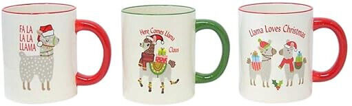 Set of 3 Festive Green & Red Llama Mug Set, Christmas Themed Llama Mugs