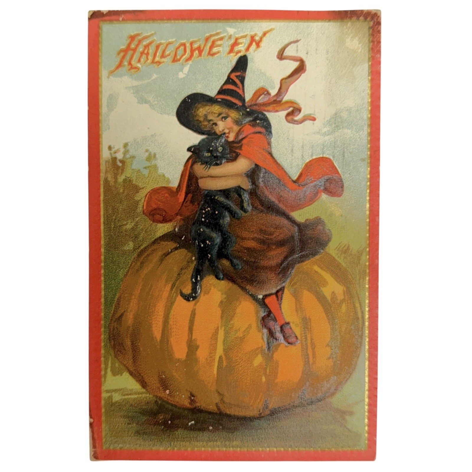 Antique 1910 Tuck & Sons Halloween Series #174 Postcard Pretty Witch Black Cat