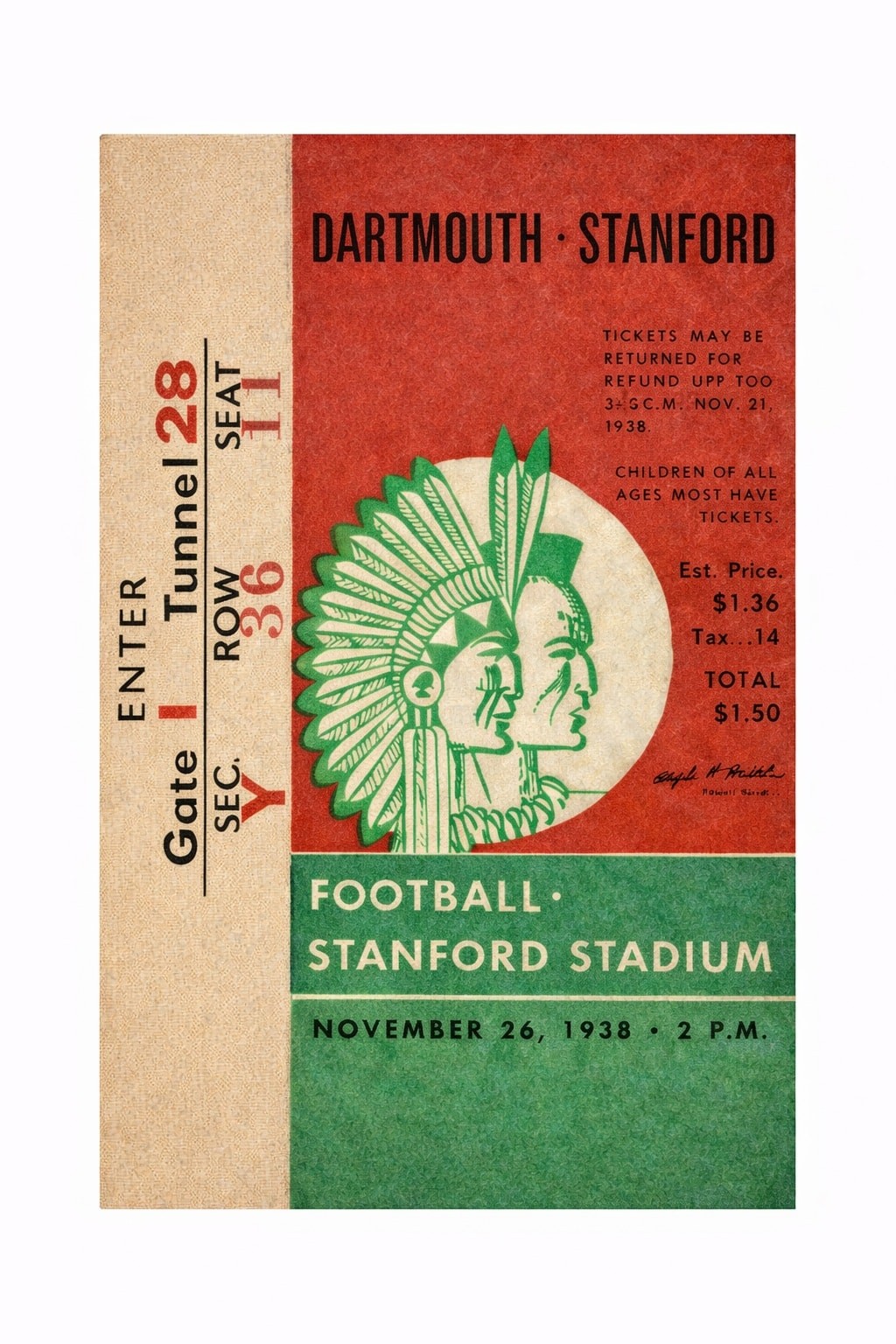 🏈 Dartmouth vs. Stanford Football Poster - 1938 Classic - 24x36” - Vintage